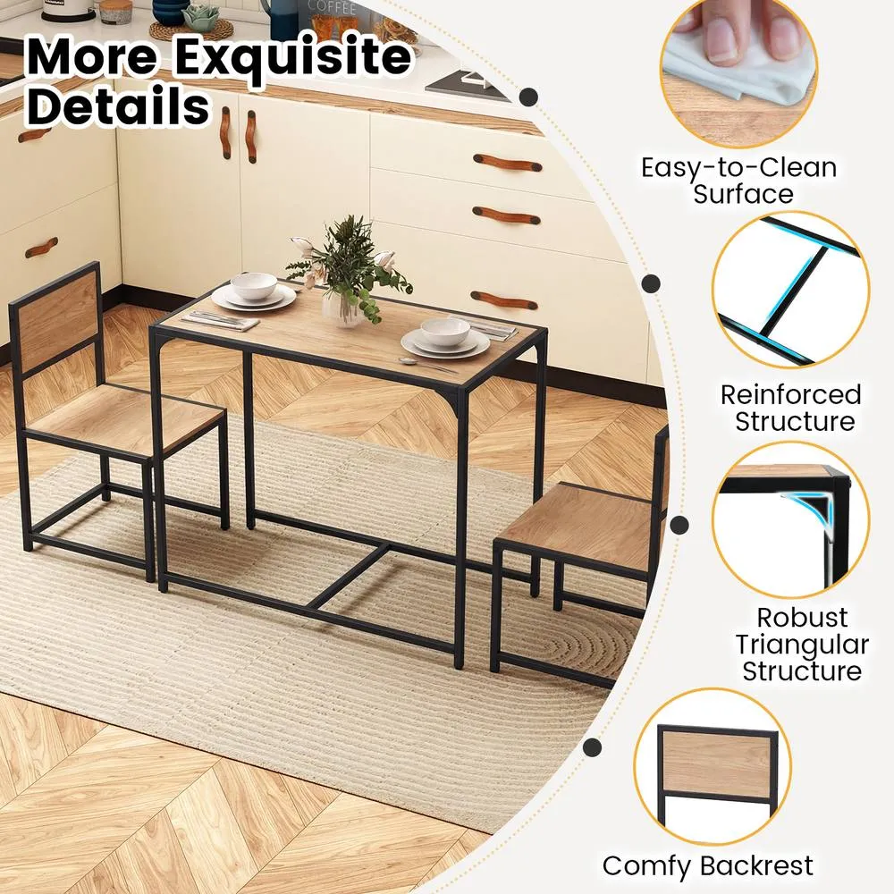 Costway 3 PCS Industrial Dining Table Set Rectangular Kitchen Table & 2 Chairs in Natural 5