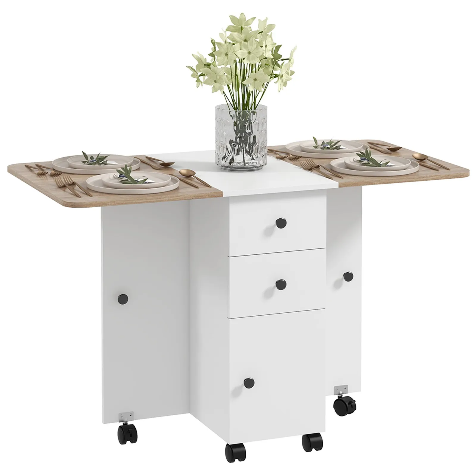 HOMCOM Folding Dining Table, Drop Leaf Table With Drawers in Light Oak 2