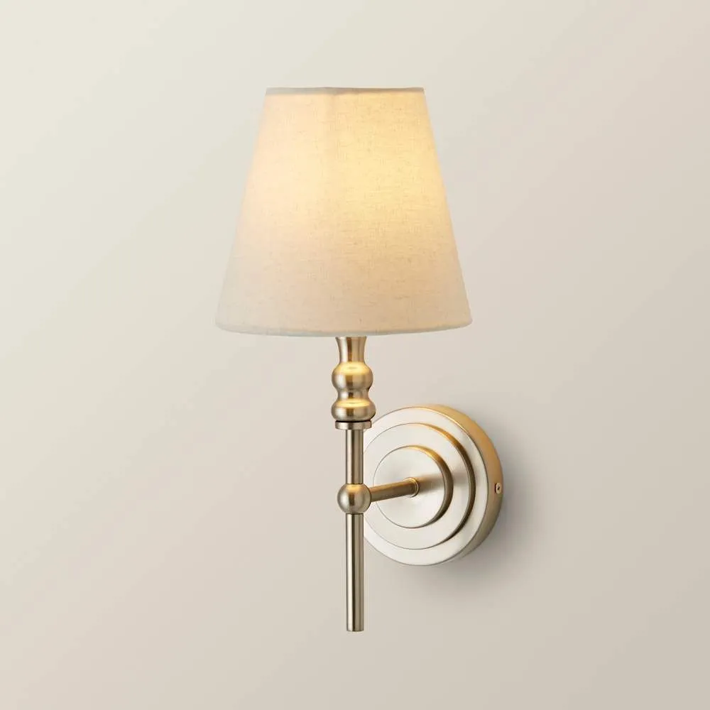 ValueLights Maggie Candlestick Wall Light with Linen Tapered Lamp Shade with Bulb in Silver 6
