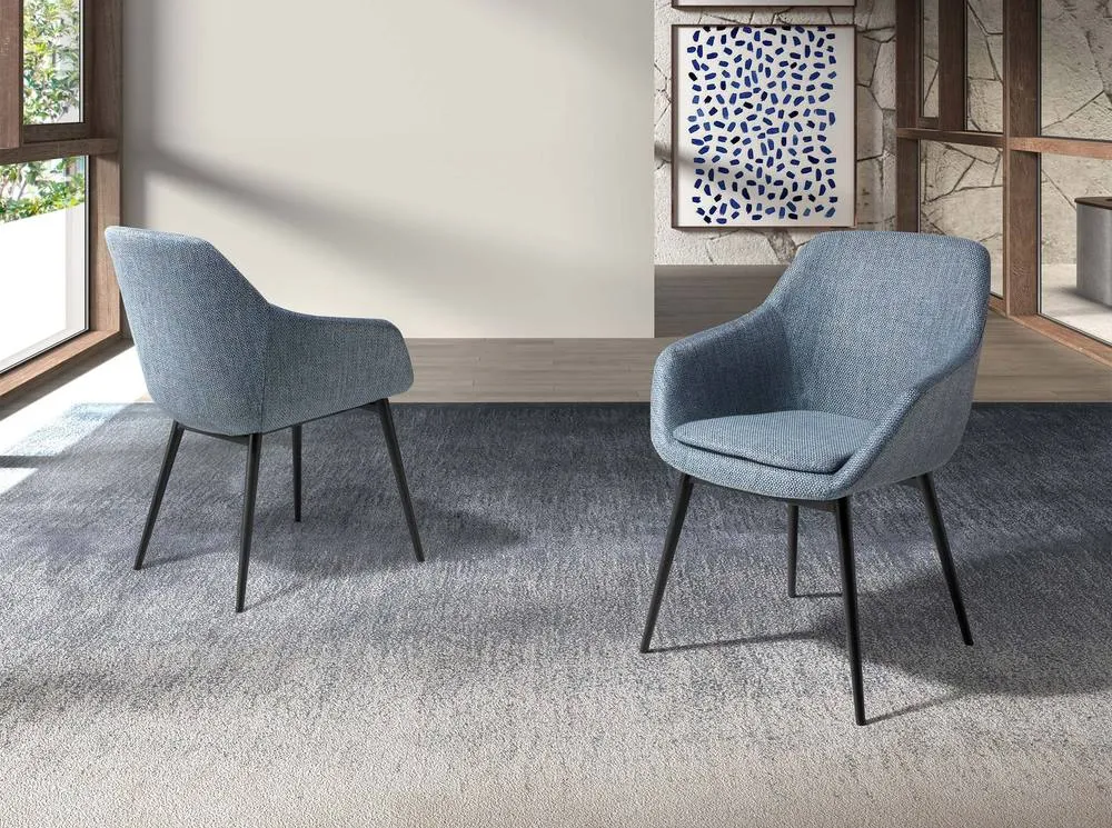 Angel Cerda Greyish-Blue Marbled Fabric Dining Chair with Black Steel Legs in Blue 3