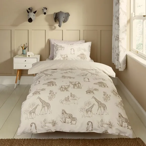 Sketched Animal 100% Cotton Duvet Cover & Pillowcase Set