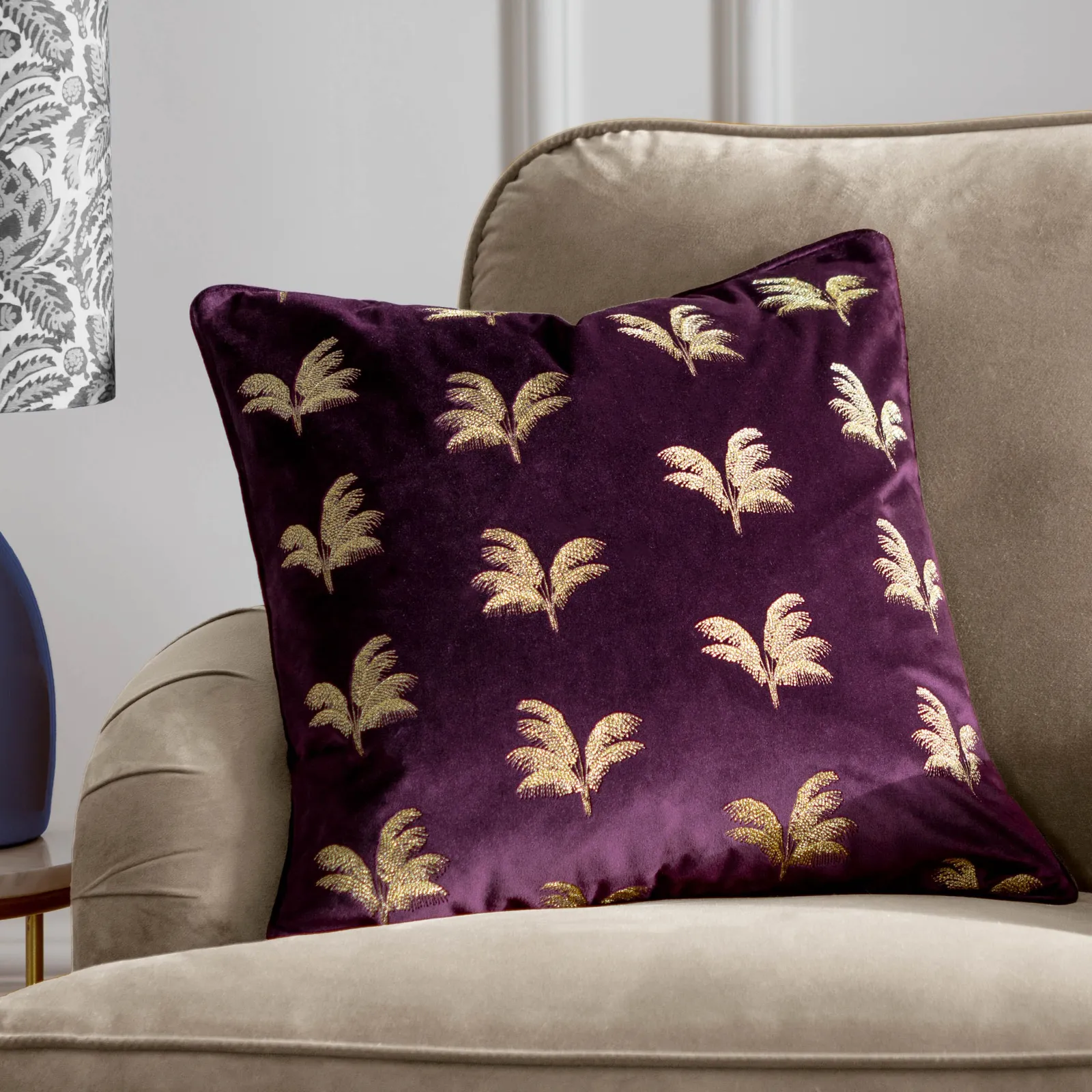 Paoletti Guilded Palms Embroidered Cushion in Plum 1
