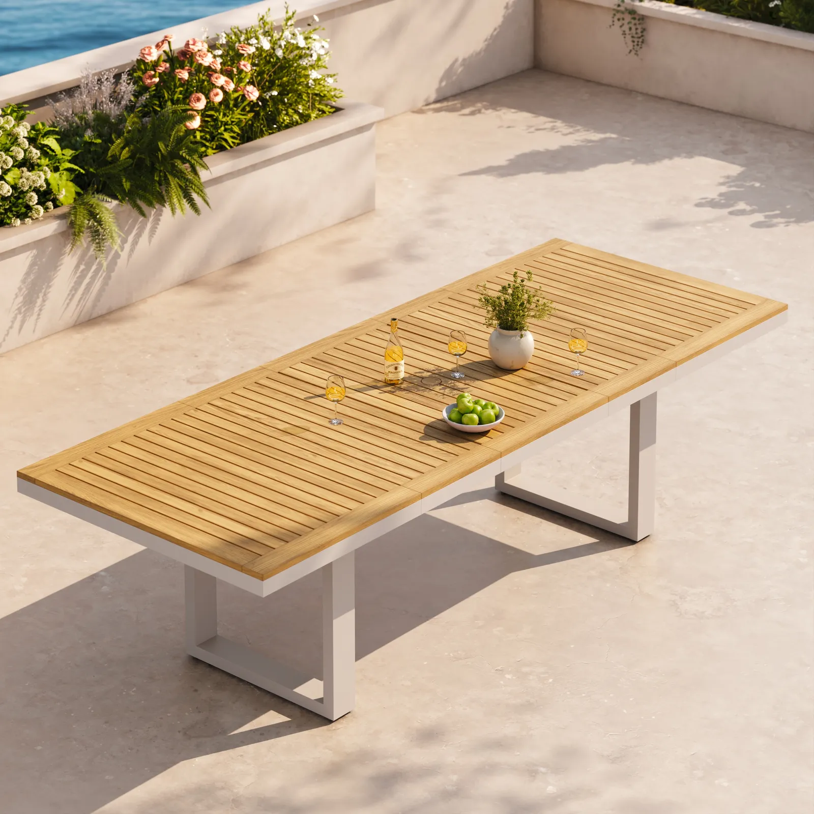 Tevara Outdoor Extendable Teak & Aluminium Dining Table in Sand for 6-8