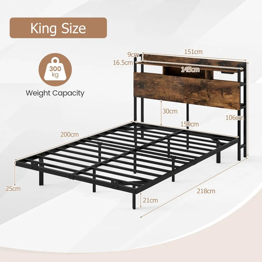 Costway King Size Floating Platform Bed Frame w/ LED Lights & Charging Station in Brown 2