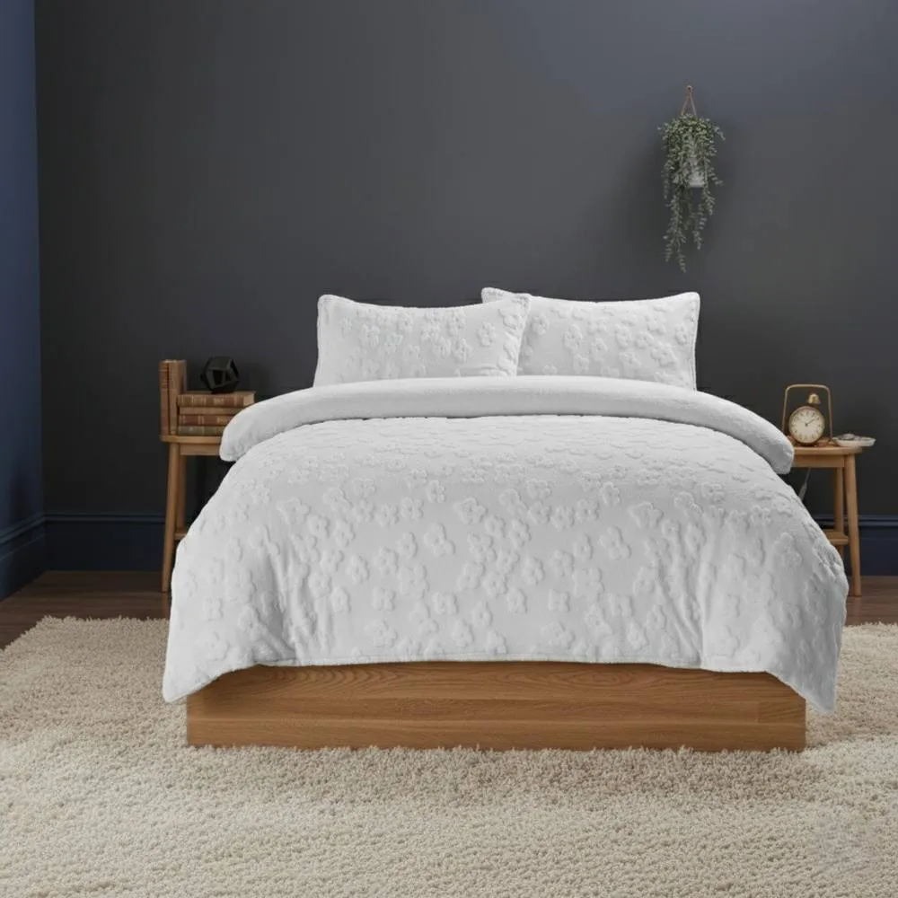 Snug City Ultra Soft Teddy Duvet Cover Set Daisy Embossed Cozy Fleece Bedding in White