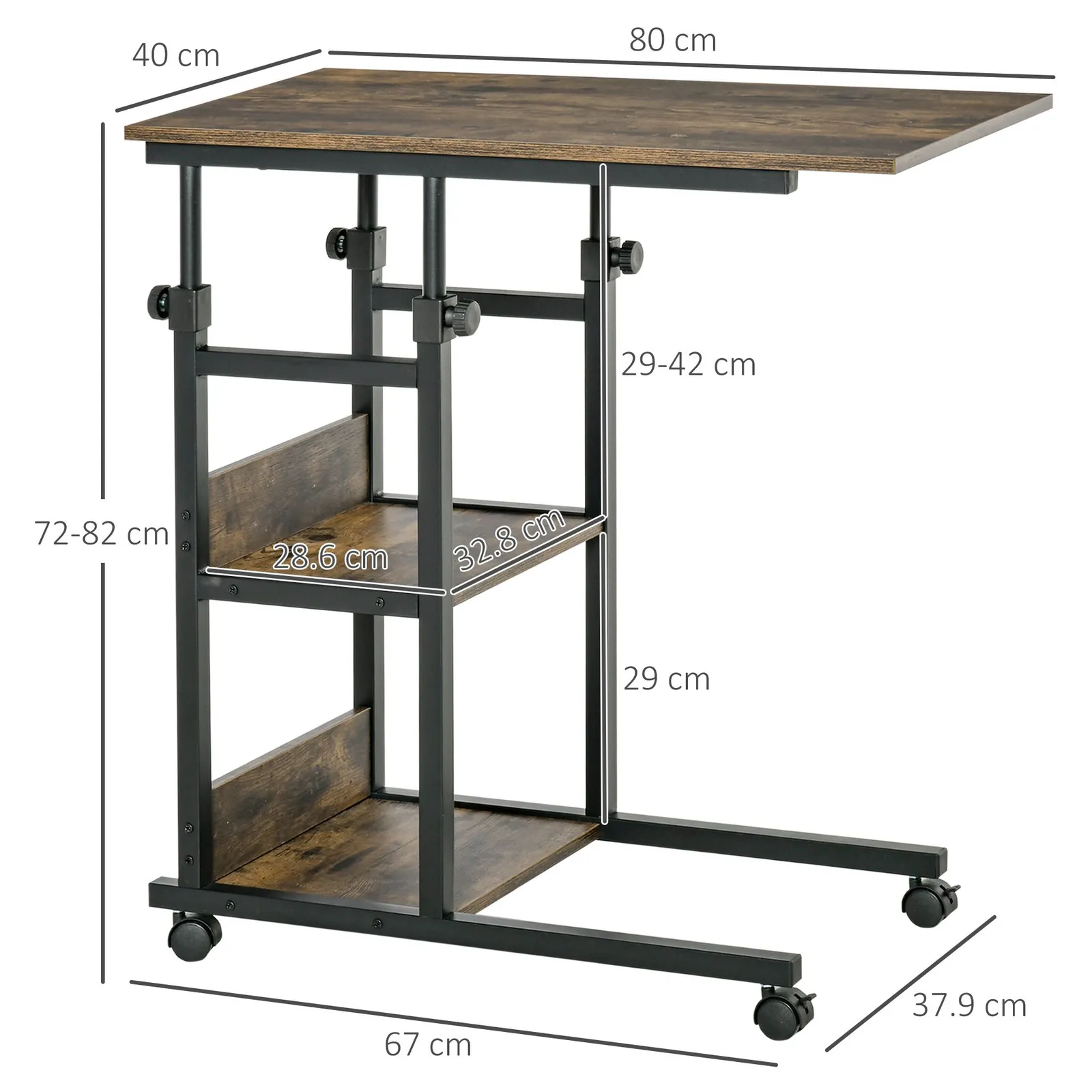 HOMCOM C-Shaped Mobile Sofa Bed Side Table Adjust Height 3-Tier Cart w/ Casters, Brake in Brown 3