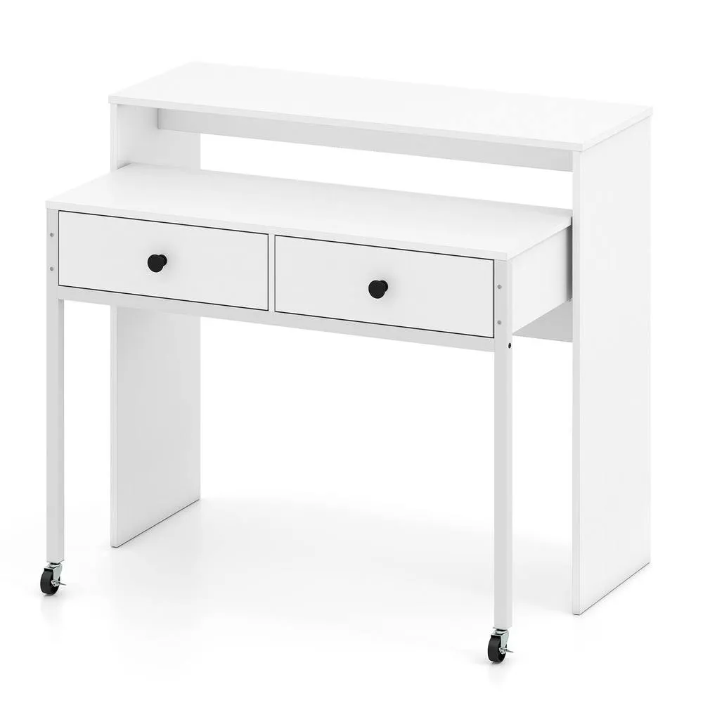 Costway Extendable Computer Desk Convertible Home Office Desk w/ Drawers in White 4