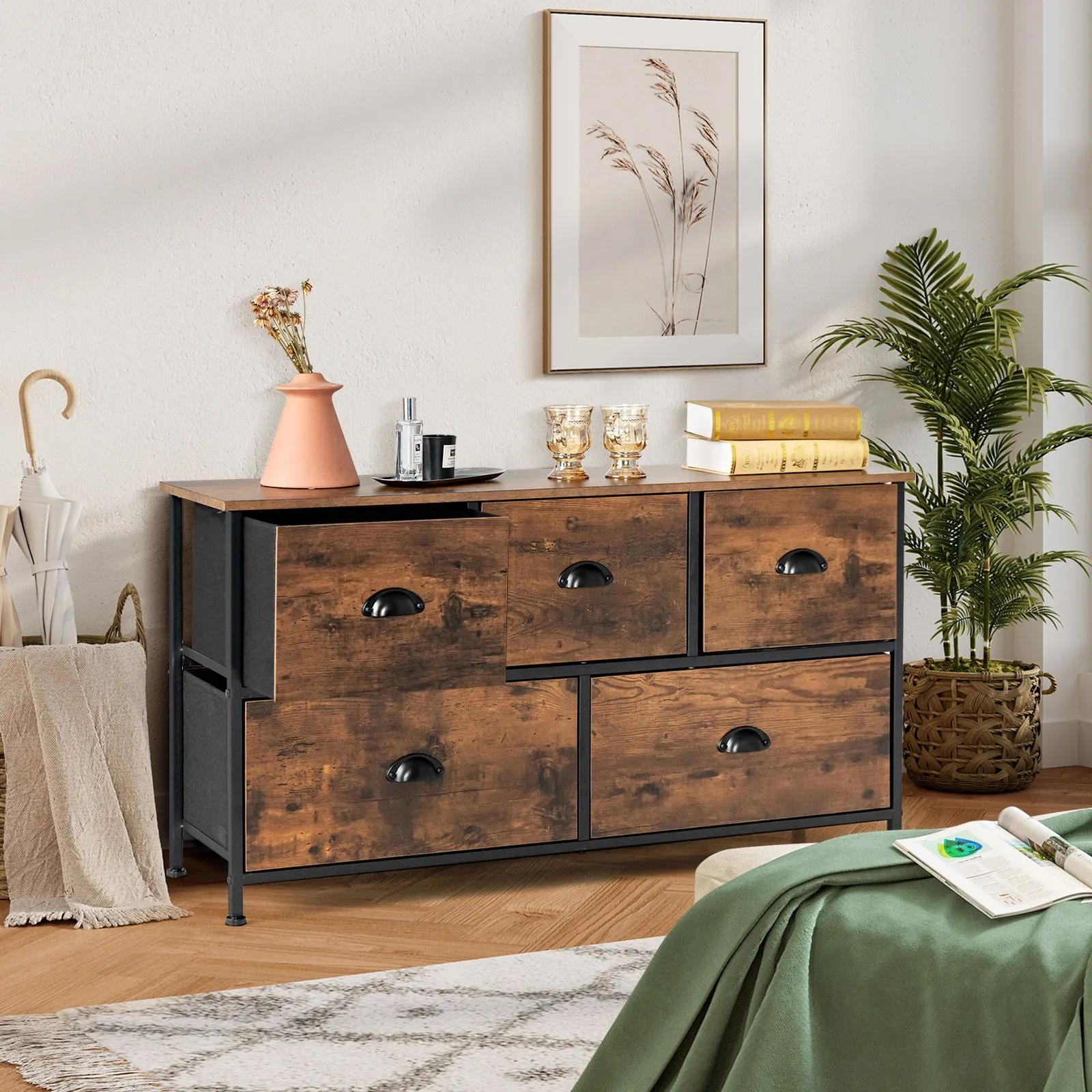 Costway 2-Tier Fabric Storage Organizer 5 Drawers Dresser Organizer Chest of Drawers in Brown 4