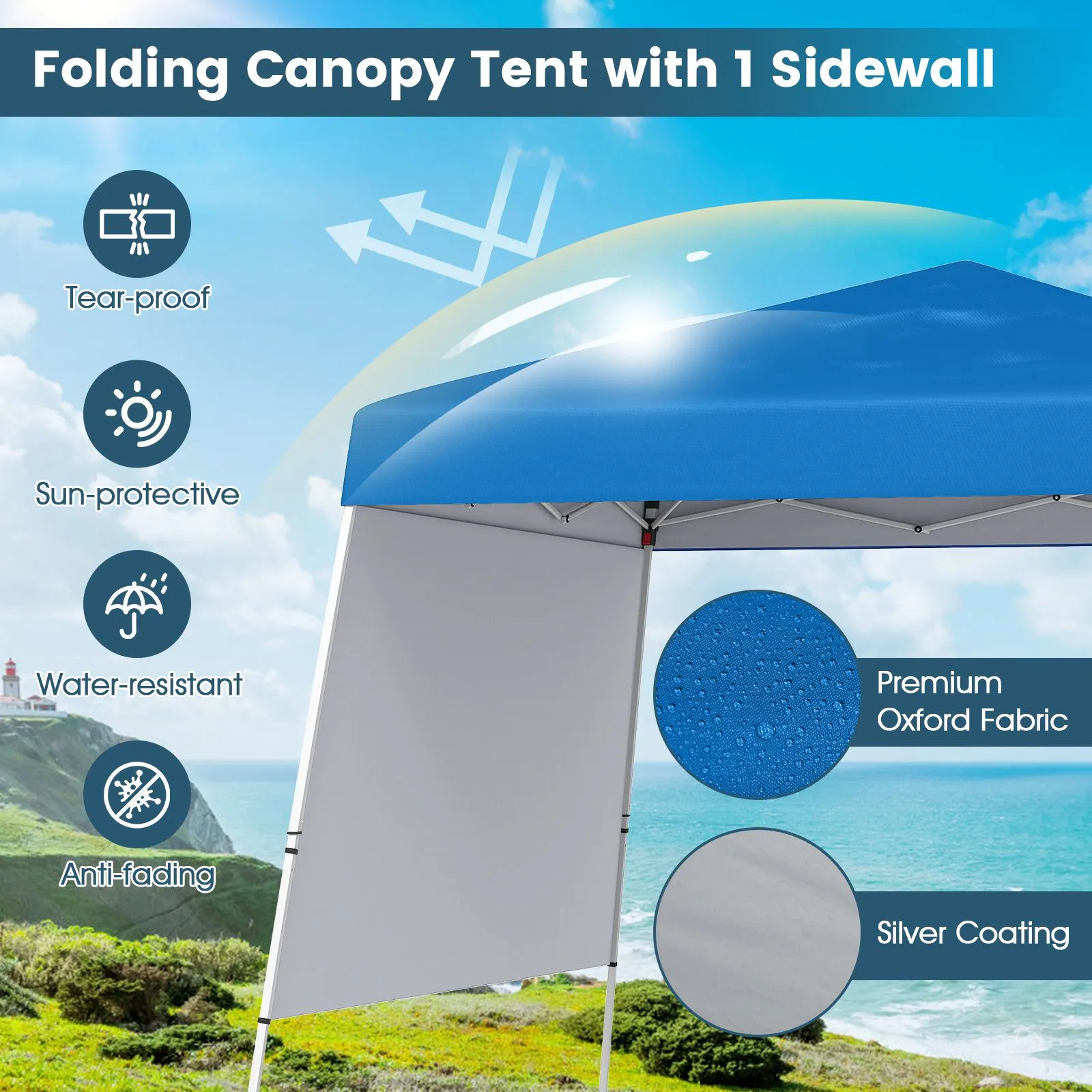 Costway 300 x 300 cm Pop up Canopy Tent Portable Backpack w/1 Sidewall in Blue 6