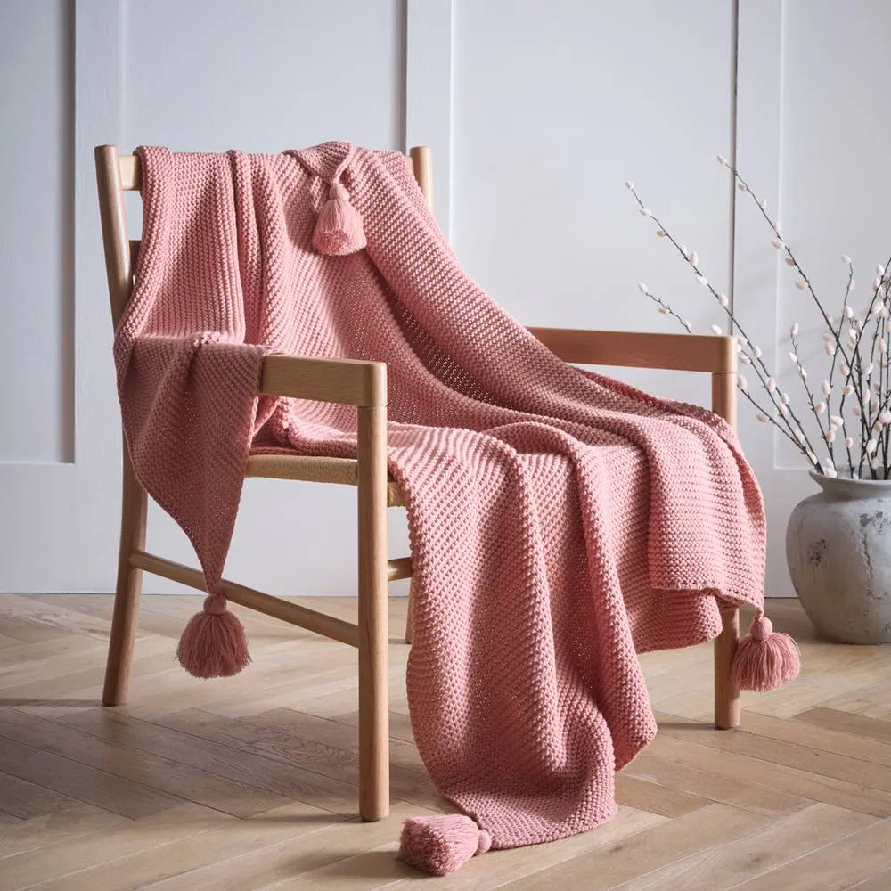Portfolio Home Copenhagen Knitted Tassels Throwover Bed Throw Blanket 127 x 152cm in Pink
