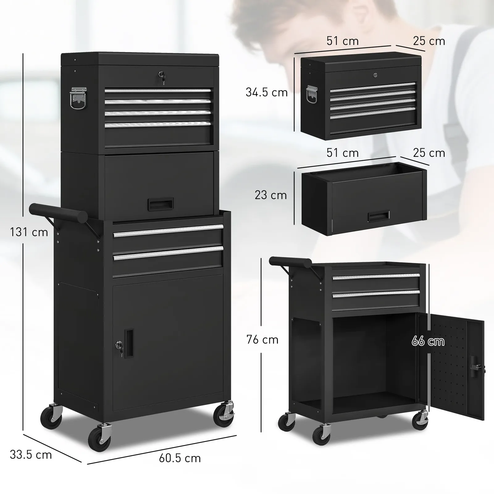 HOMCOM Tool Cabinet with 6 Drawers, 3-in-1 Rolling Tool Chest with Wheels in Black 3
