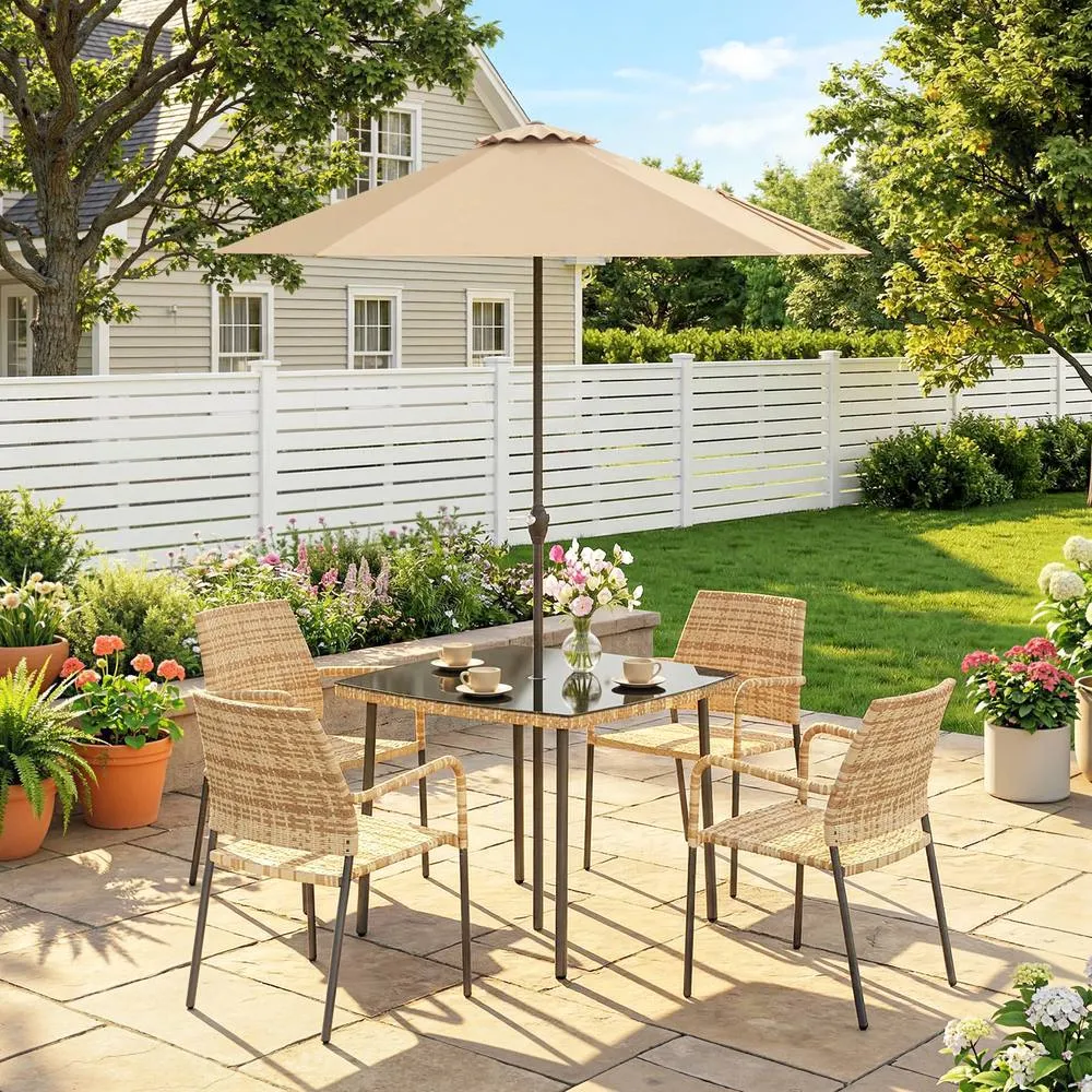 OUTSUNNY 4 Seater Rattan Dining Set with Parasol, Light Brown