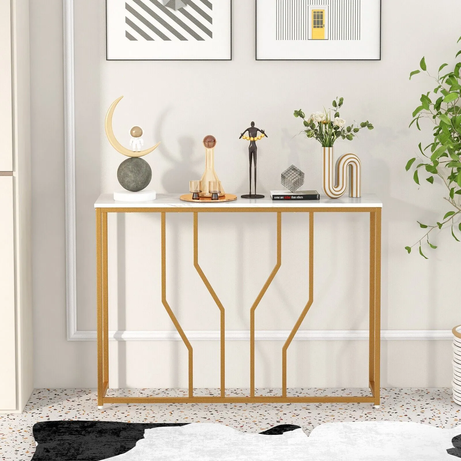 Costway Modern Console Table Faux Marble Narrow Entryway Hallway Table Accent Desk 110cm in White 4