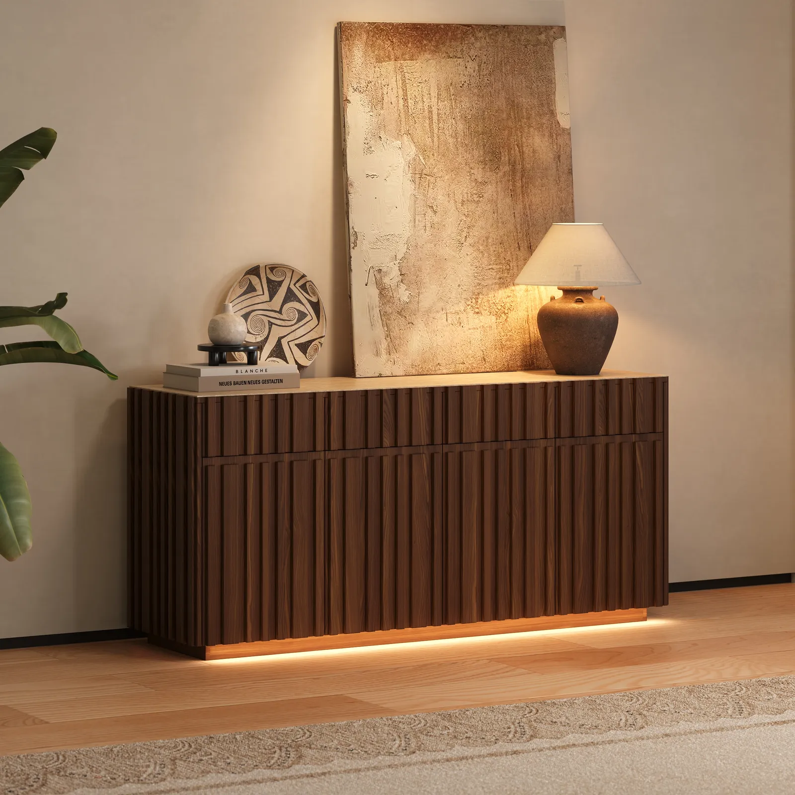 Aura 165 cm Ash Wood Slatted Walnut TV Stand with Sintered Stone Top