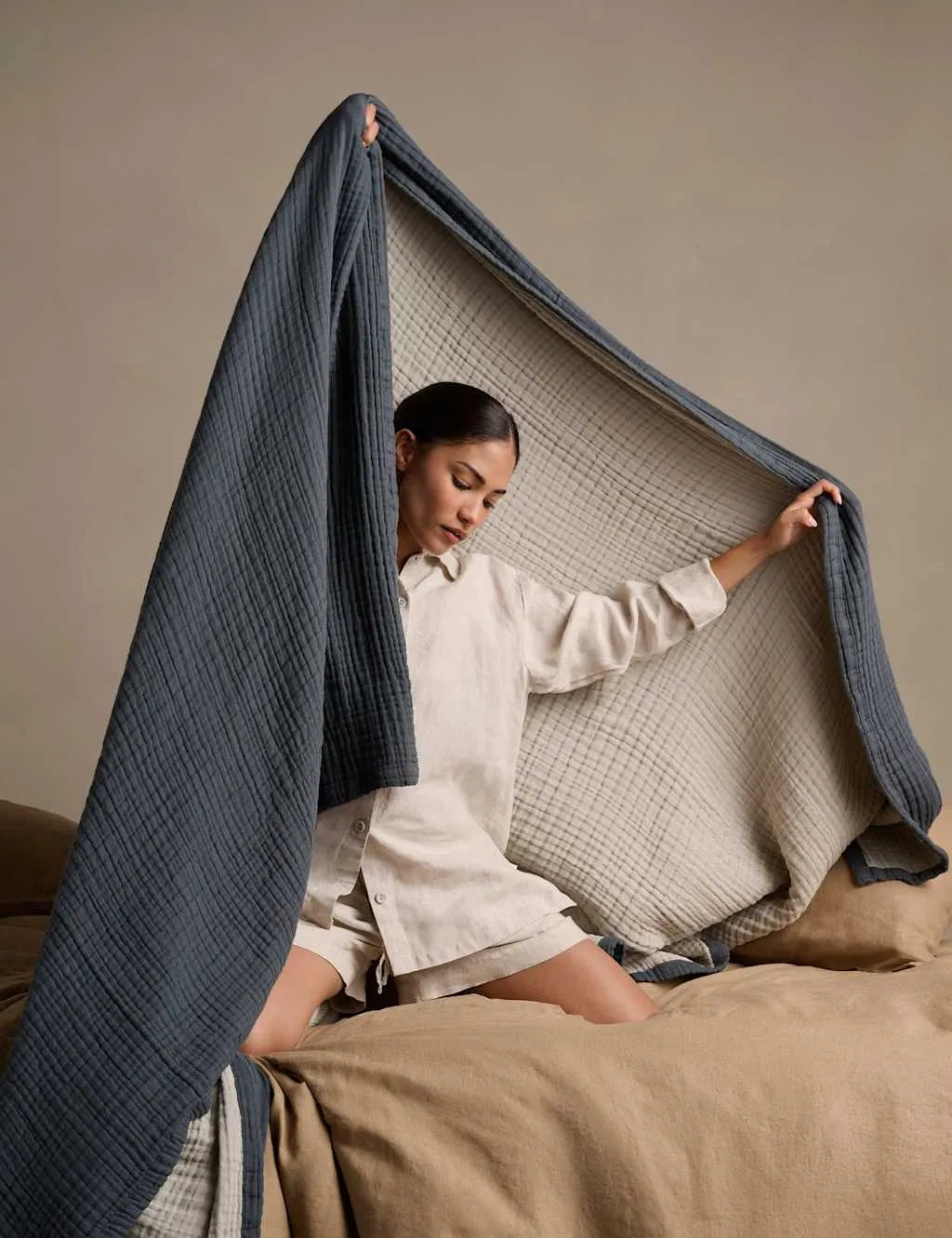 Bedfolk Pure Cotton Reversible Extra Large Throw Blue Mix