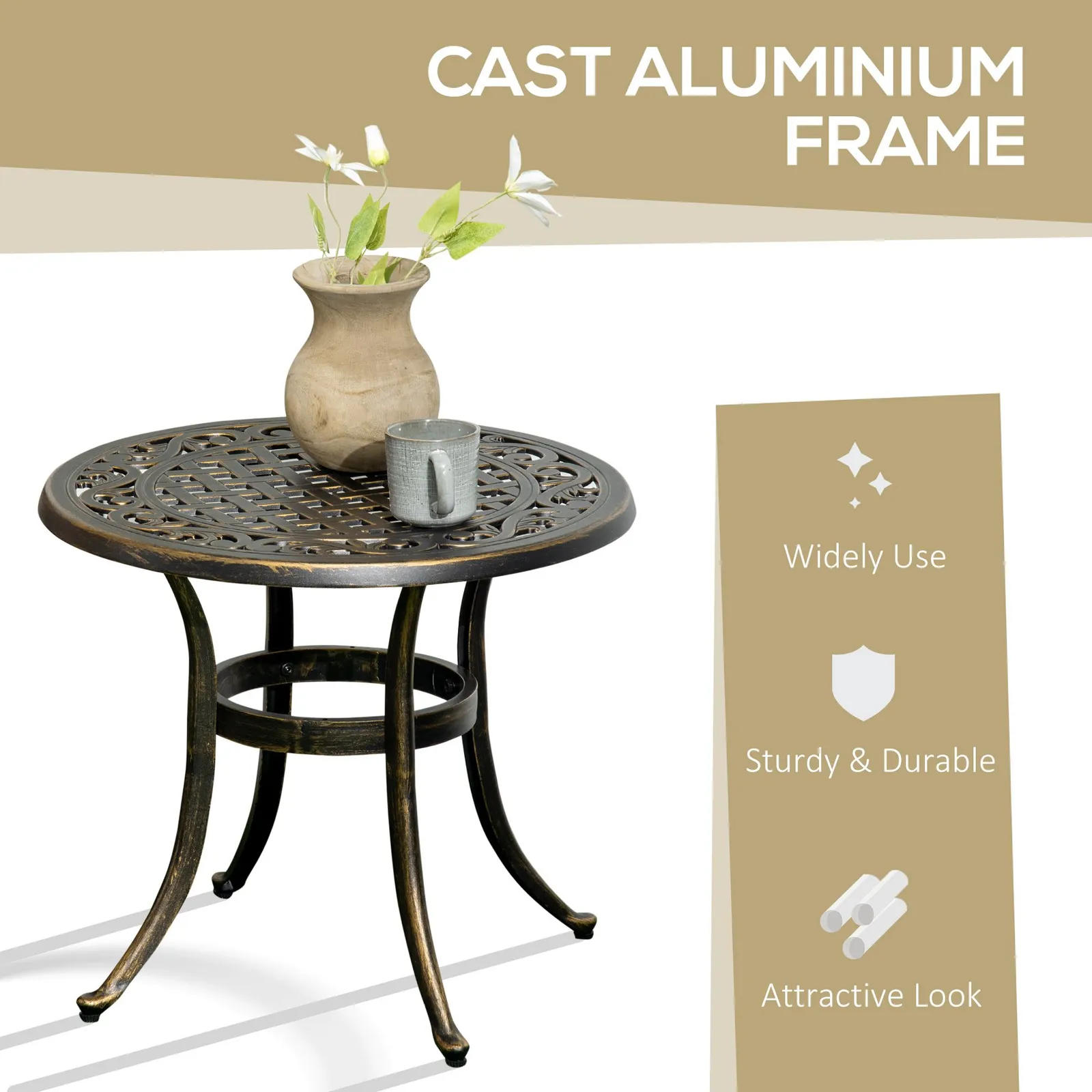OUTSUNNY 60cm Round Hollow Top Design Side Table with Cast Aluminum Frame in Bronze 6