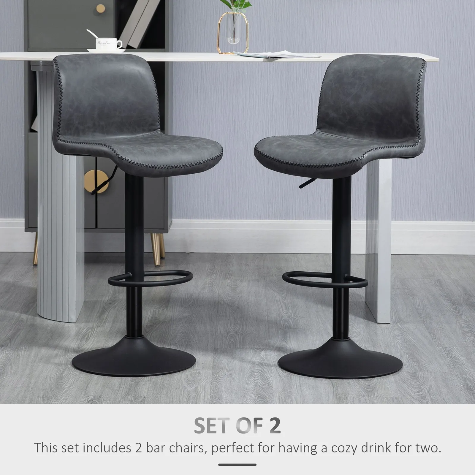 HOMCOM Barstools Set of 2 PU Leather Adjustable Height in Dark Grey 4