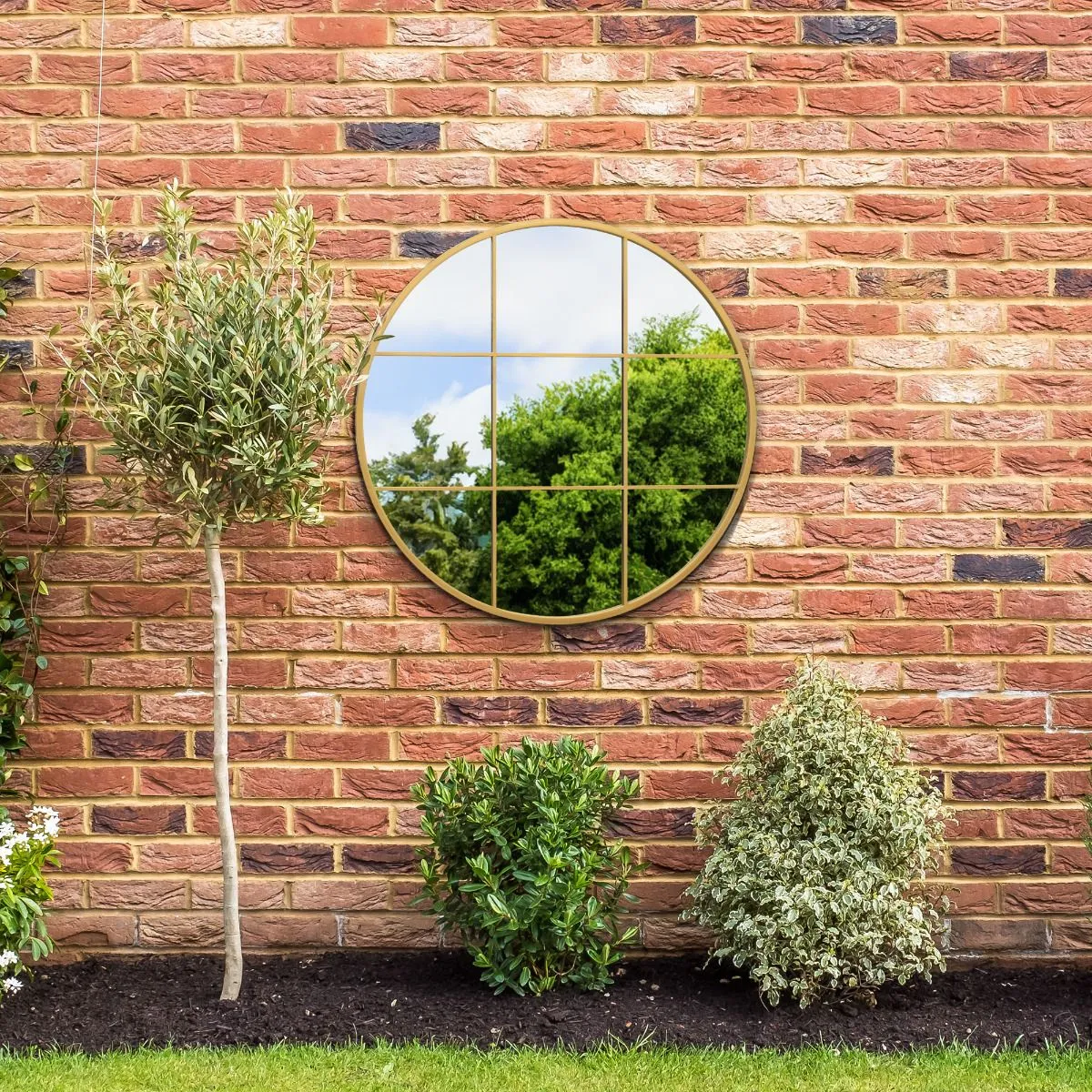 MirrorOutlet Gold Metal Frame Round Window Garden Wall Mirror 31"x31" 80x80CM 6