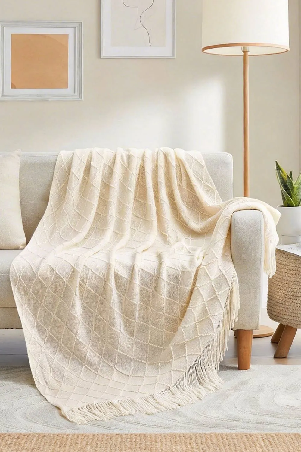 Living and Home Pattern Knitted Throw Blanket with Fringed Edges in Beige