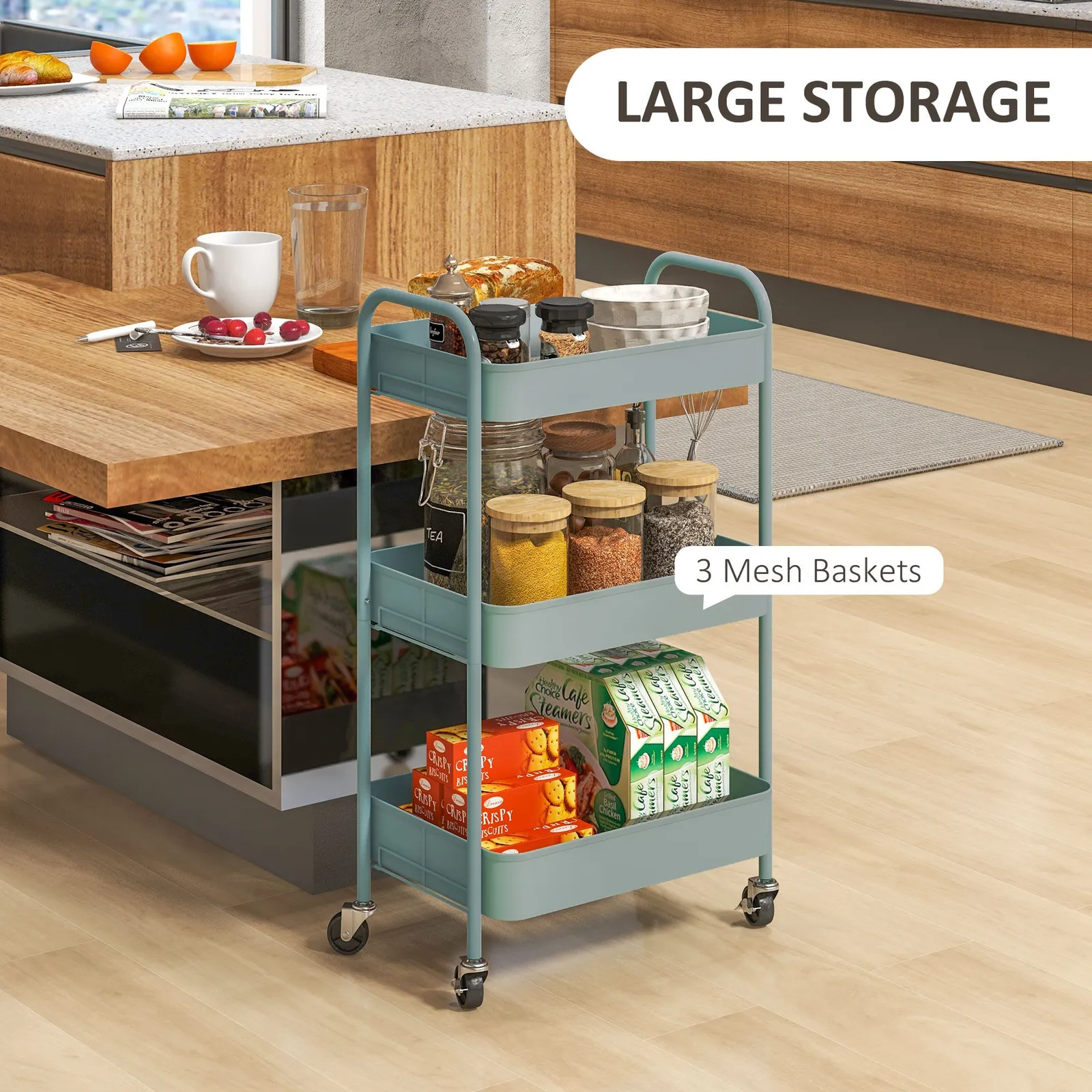 HOMCOM 3 Tier Rolling Utility Cart with 3 Mesh Basket in Light Blue 4