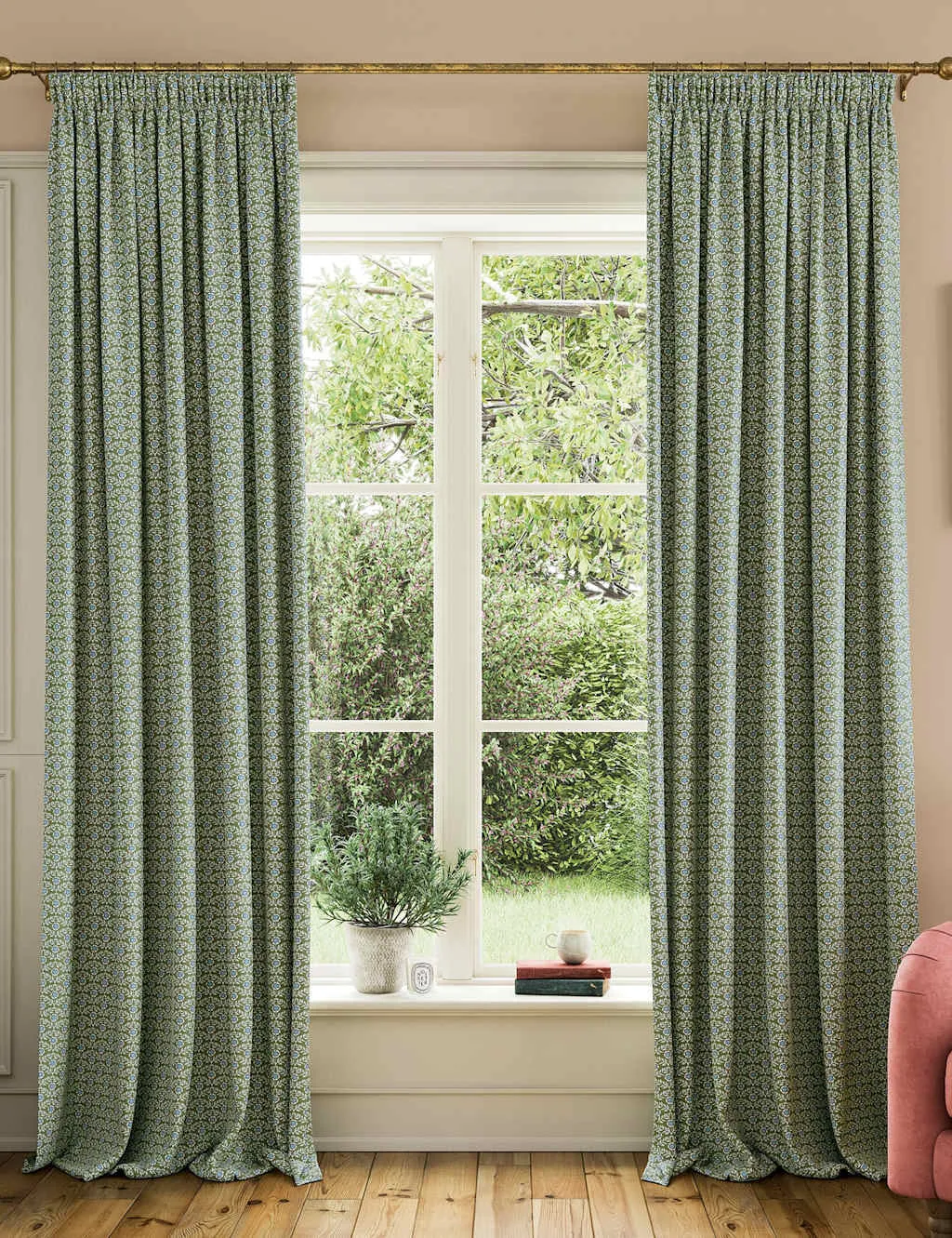 Joules Floral Foulard Pure Cotton Pencil Pleat Curtains Green