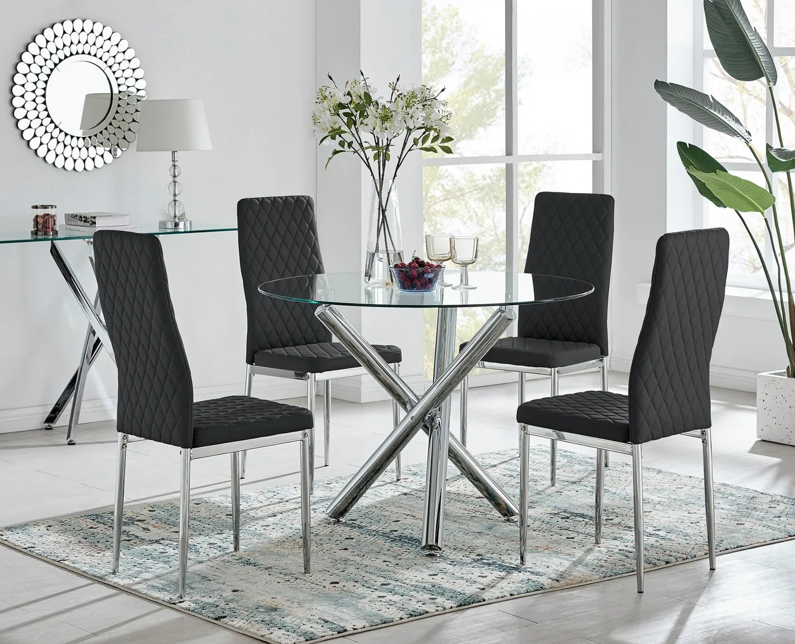 FurnitureboxUK Selina Chrome Round Glass Dining Table & 4 Milan Dining Chairs in Black 1