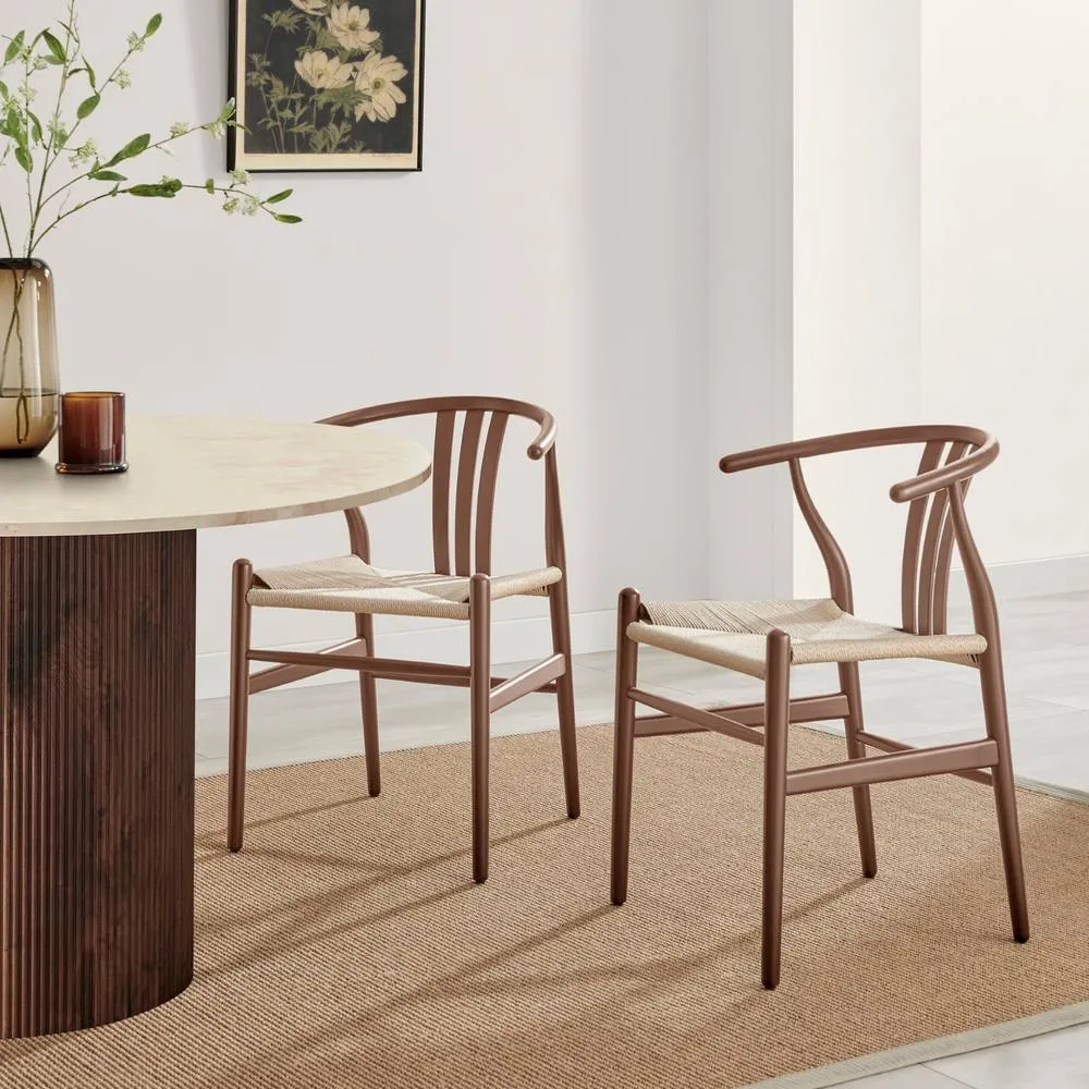 FurnitureboxUK 2x Caia Walnut Effect Wood & Rope Wishbone Dining Chairs