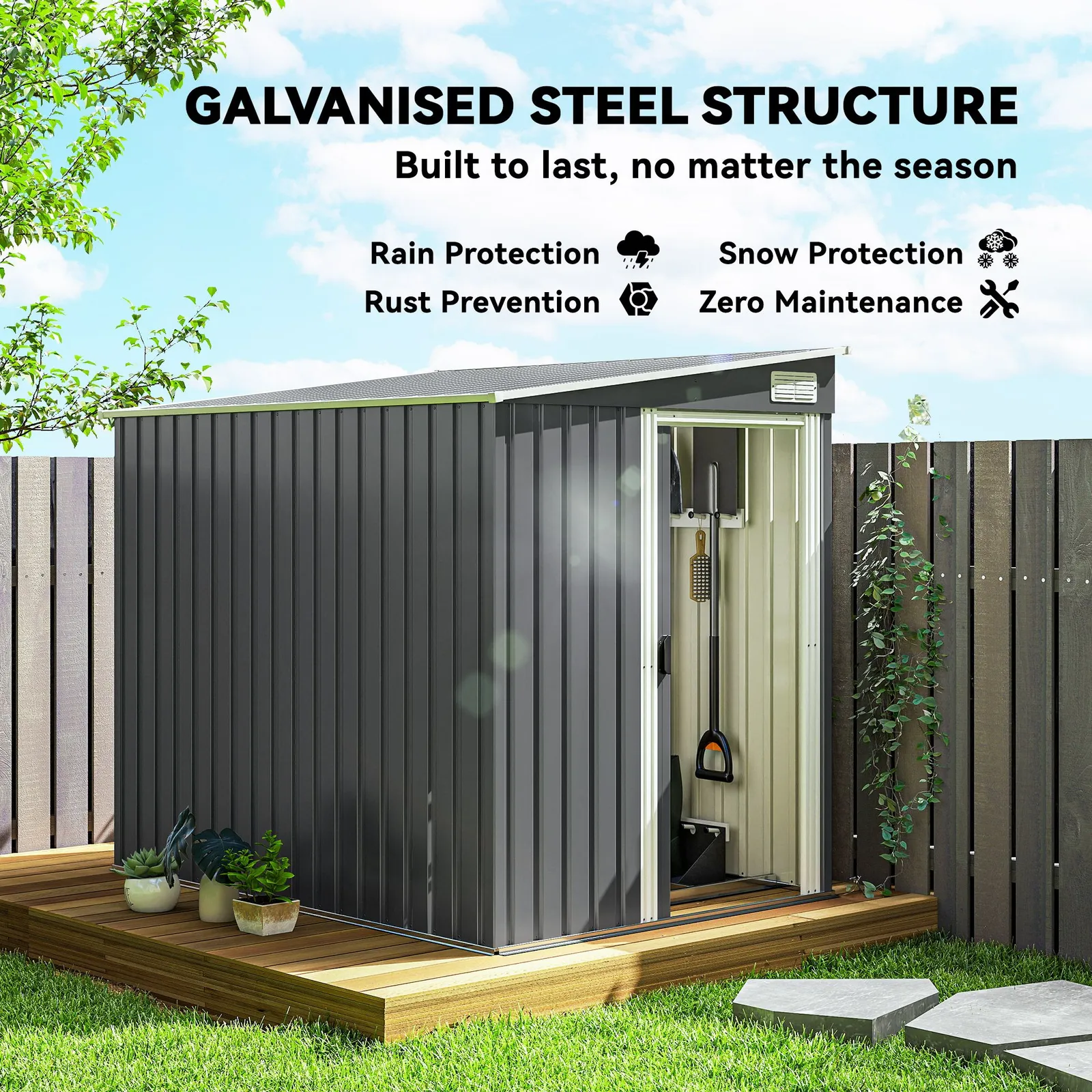 OUTSUNNY 7 x 5FT Garden Shed w/ Foundation Lean to Metal Tool Shed in Dark Grey 4