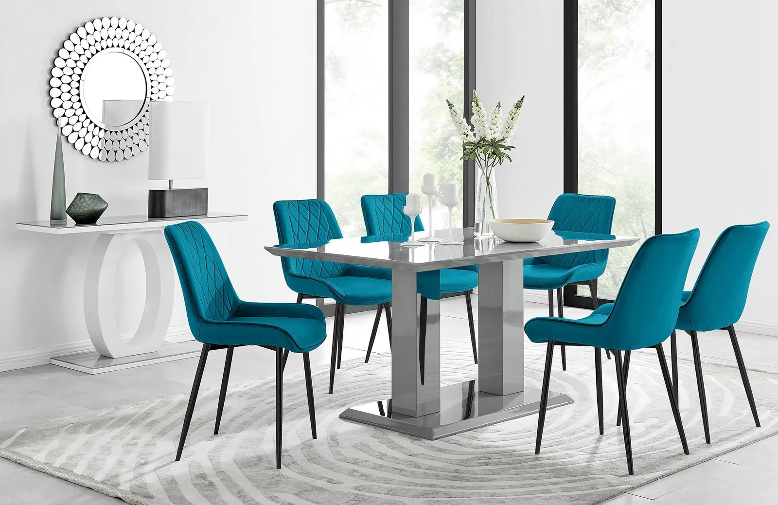 FurnitureboxUK Imperia 6 Grey Dining Table & 6 Pesaro Black Leg Chairs in Blue 1