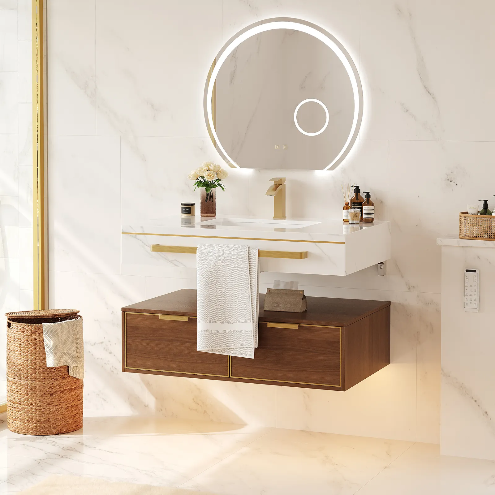 915mm Modern Wall-Mounted Bathroom Vanity with LED Light, Walnut Cabinet & Ceramic Basin