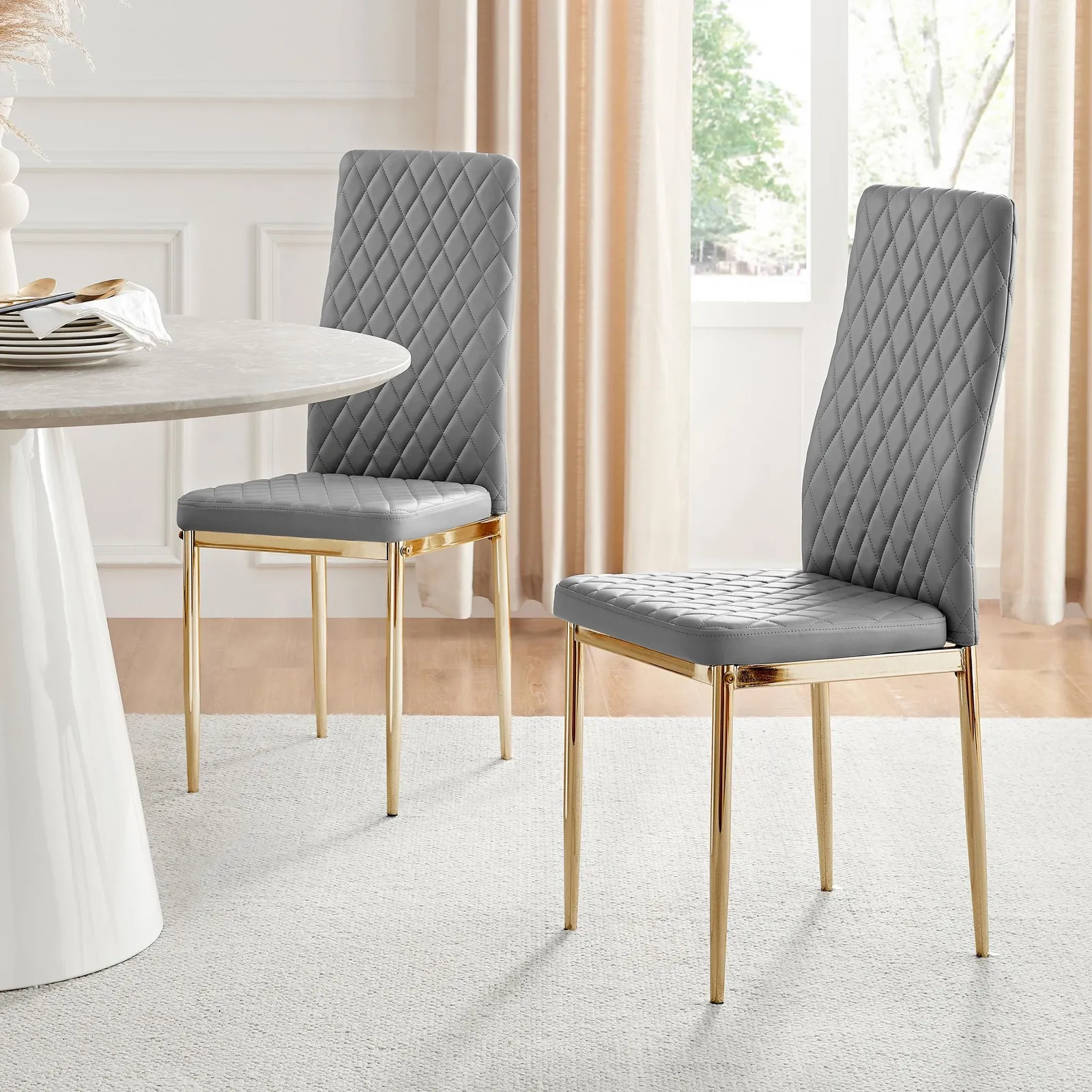 FurnitureboxUK Set of 4 Milan High Back Soft Touch Diamond Pattern Faux Leather Dining Chairs With Gold Chrome Metal Legs in Grey