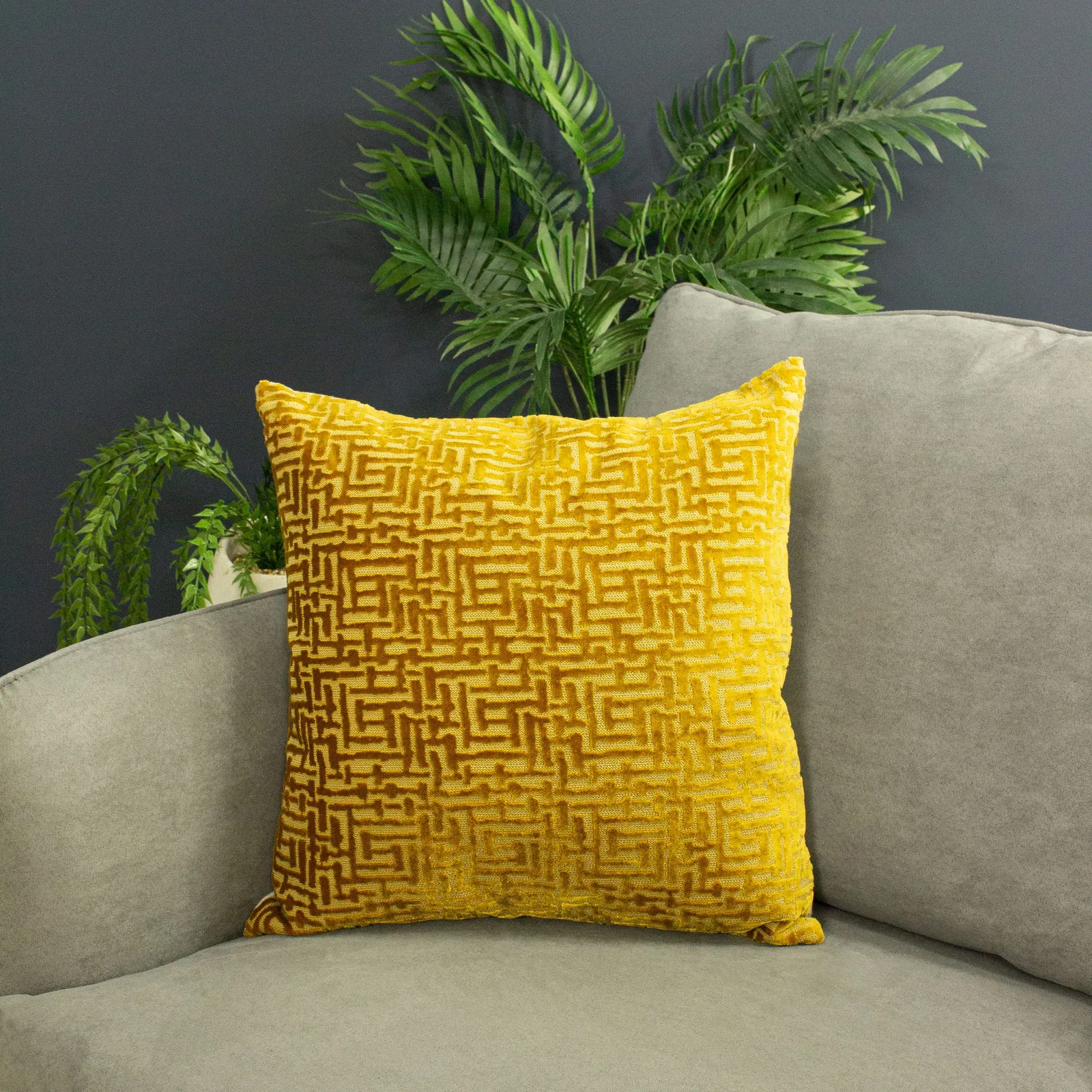 Paoletti Delphi Maze Cut Velvet Cushion in Gold
