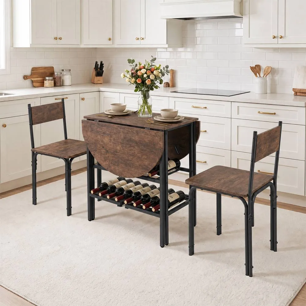Costway 3 Piece Drop Leaf Dining Table Set w/ 2 Chairs Brown Kitchen Set 5