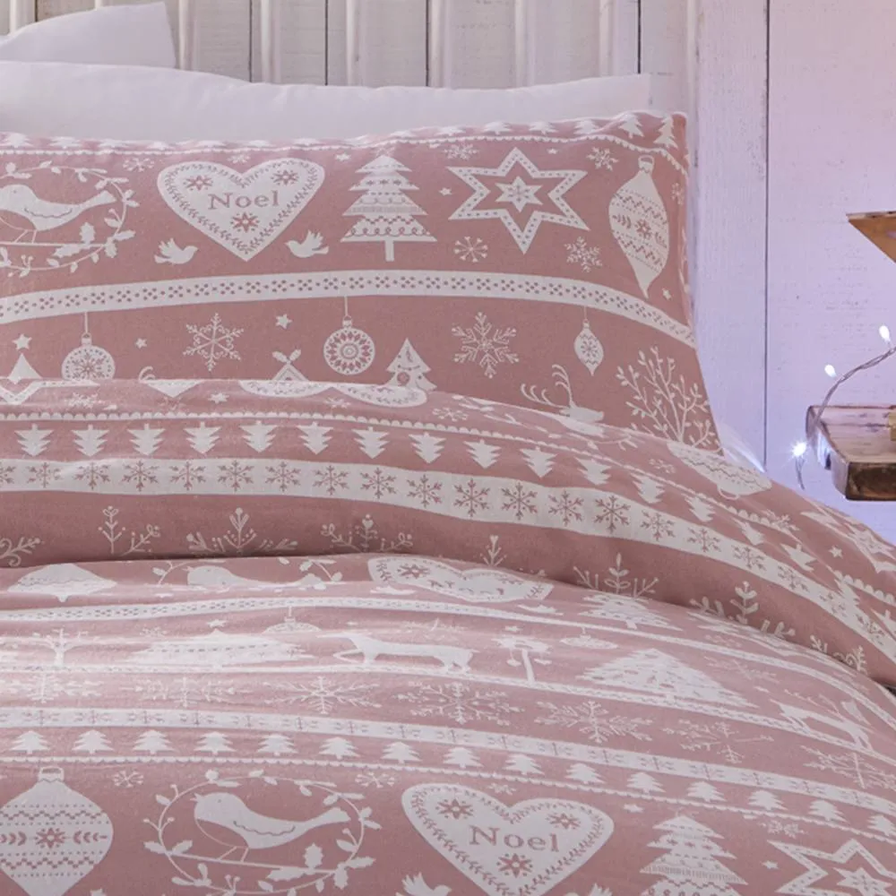 Portfolio Home Festive Scandi Brushed Cotton Duvet Cover Set With Pillow Case in Pink 3