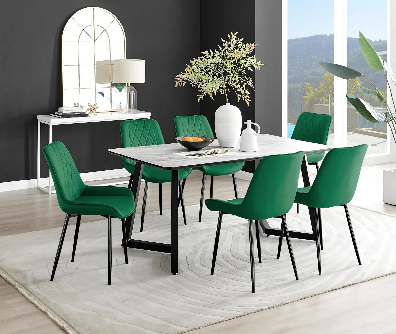 FurnitureboxUK Carson White Marble Effect Dining Table & 6 Pesaro Black Leg Chairs in Green 1