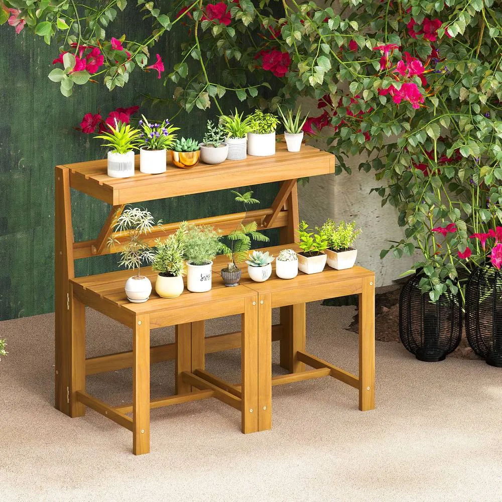 Costway 3-in-1 Convertible Bench Acacia Wood Outdoor Dining Table in Brown 6