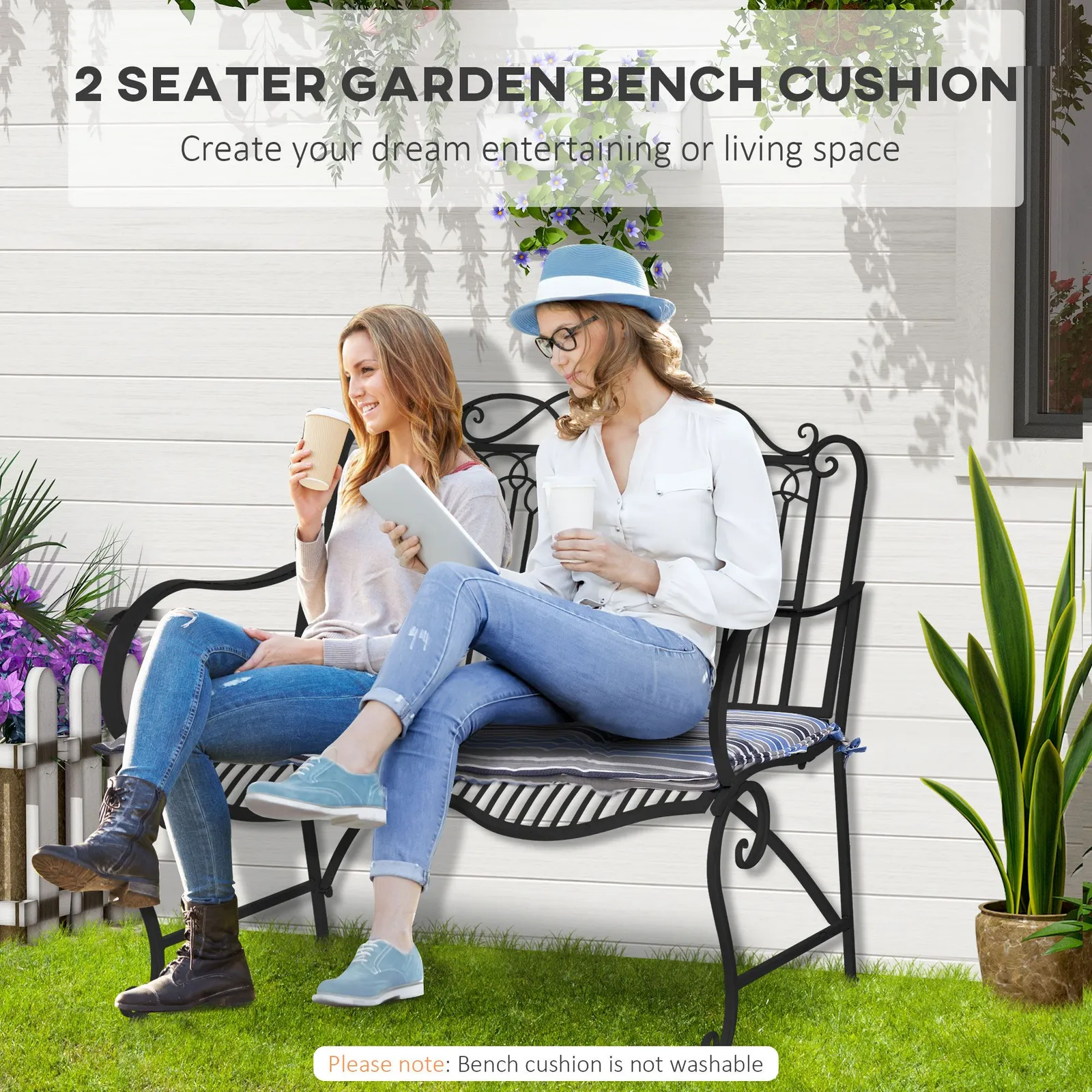 OUTSUNNY 2 Pieces Replacement Cushions for Garden Bench, with Strips in Blue 3