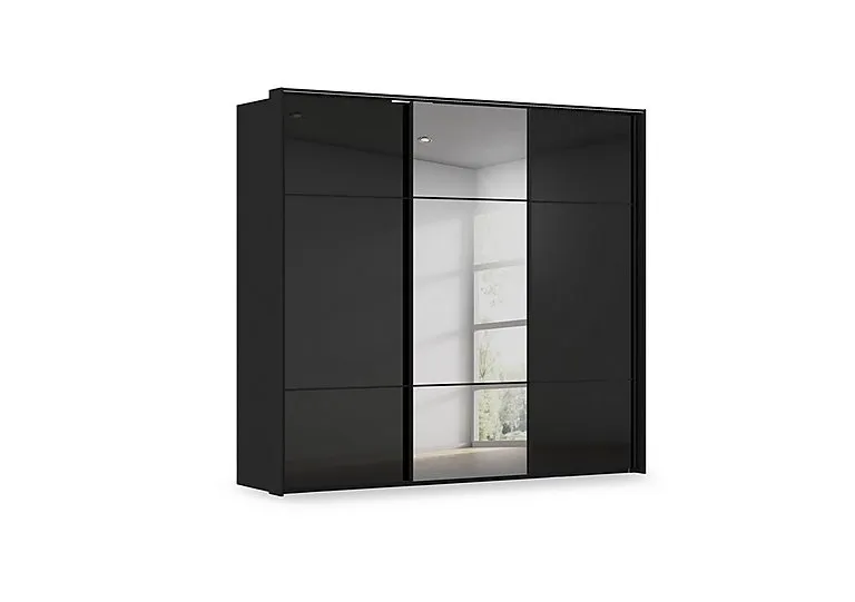 Haven 250cm 3 Door Slider Wardrobe with 2 Glass Doors, 1 Mirror Door and Lights - Black Glass