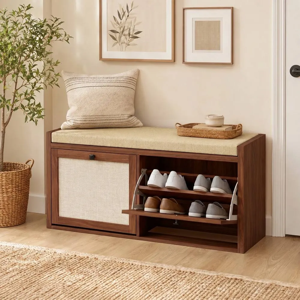 HOMCOM Rattan Shoe Bench with Padded Cushion & 2 Cabinets, Brown 2
