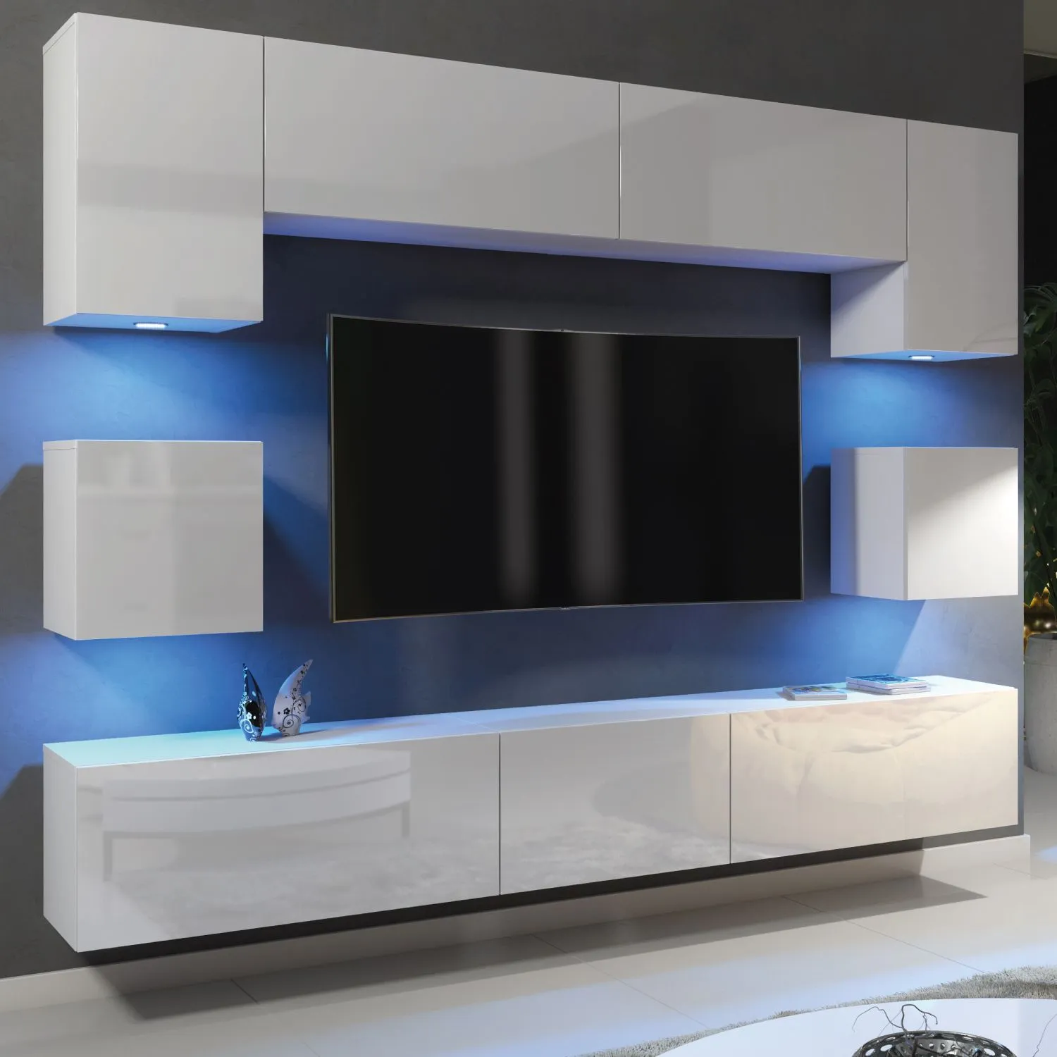 Creative Furniture Panorama Wall TV Unit - A Sleek & Modern Wall Cabinet with Gloss Doors & LED Lights in White 2