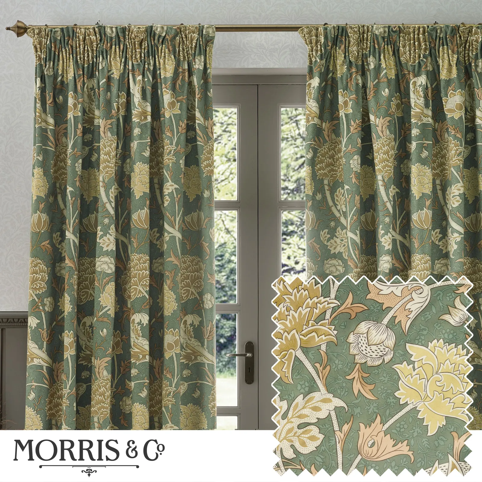 Morris & Co Cray Floral Velvet Room Darkening Pencil Pleat Curtains in Green 1