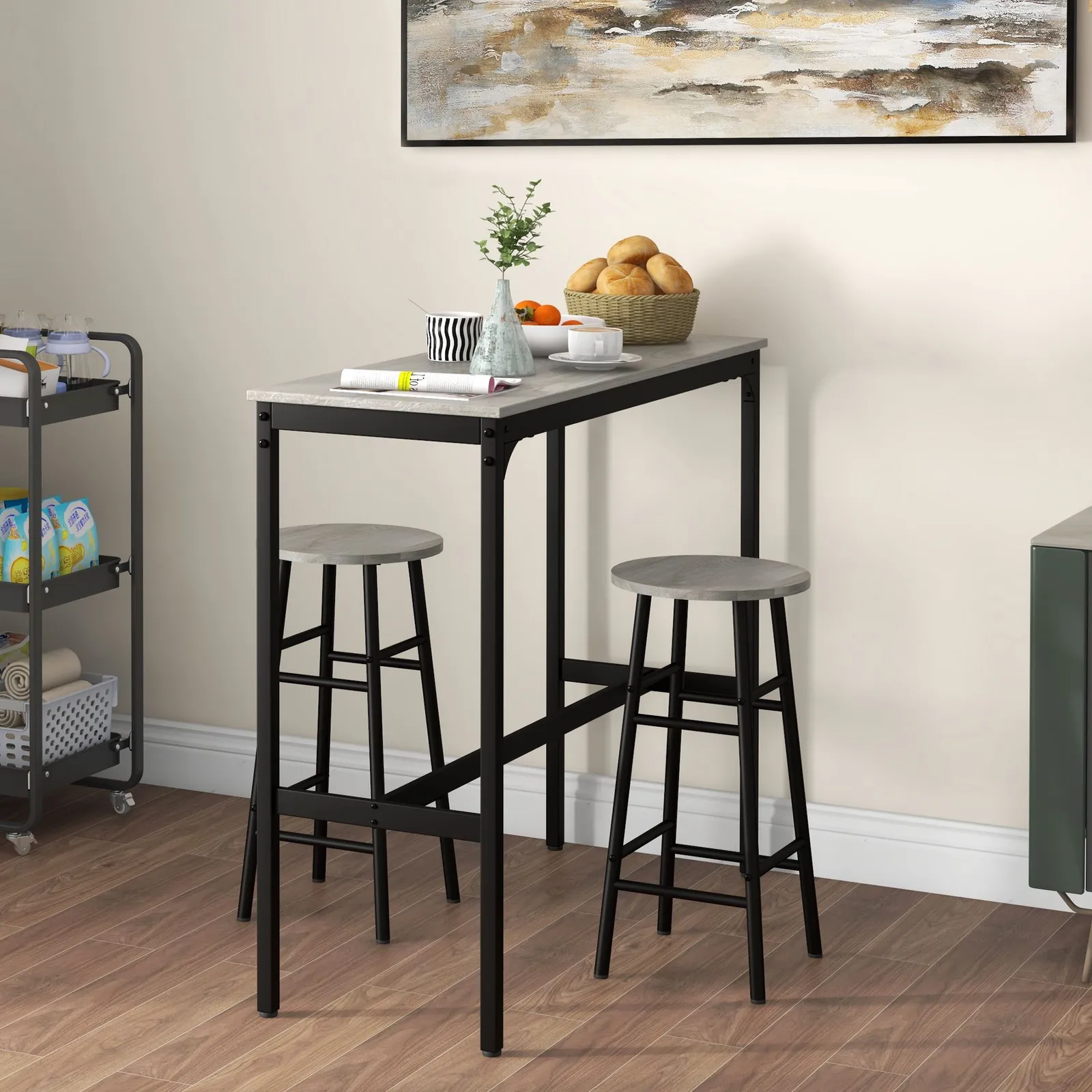 HOMCOM 3 Piece Bar Set, Industrial Kitchen & Chair Set Grey