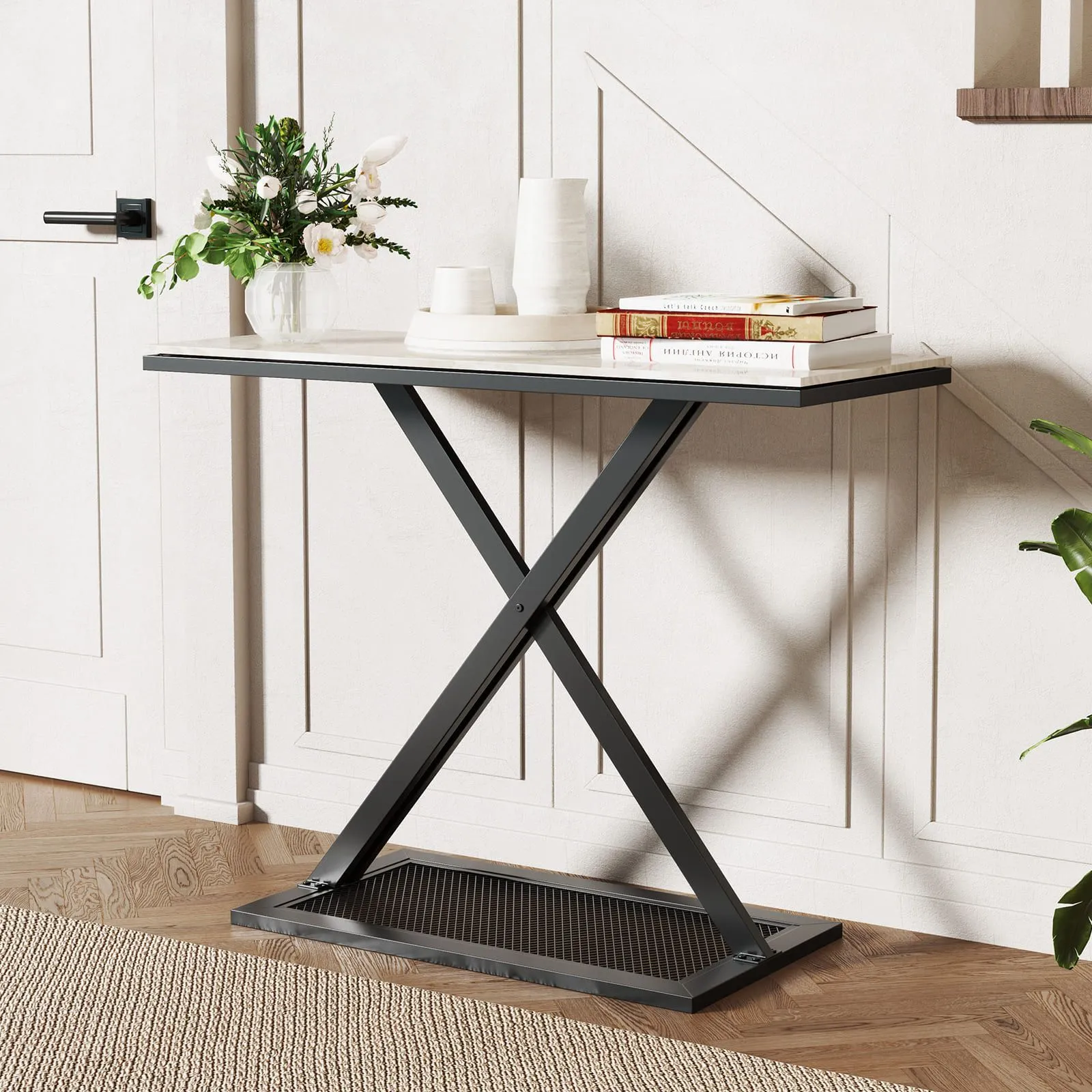 Costway Faux Marble Top Console Table Metal Frame Entryway Table in White 5