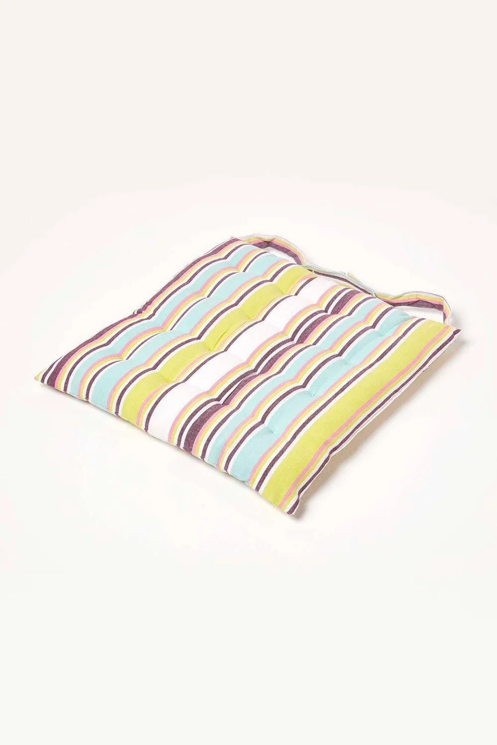 Homescapes Osaka Green Stripe Seat Pad with Button Straps 100% Cotton, 40 x 40cm
