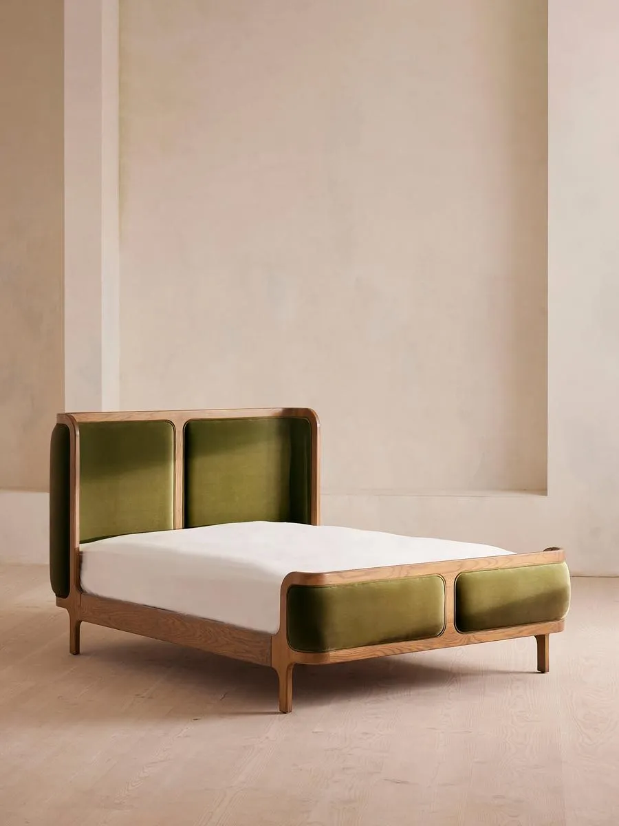 Belsa Bed, Light Oak, King, Velvet, Olive