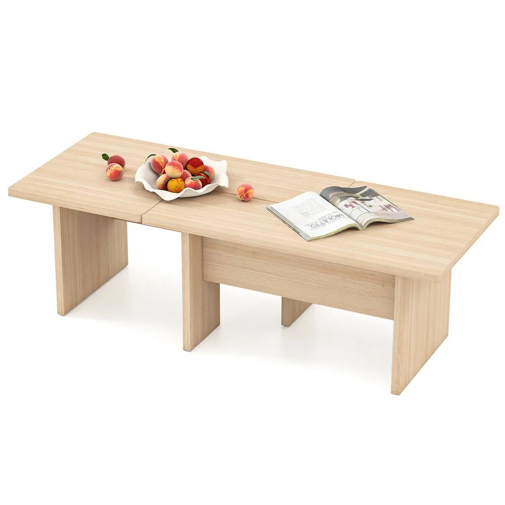 Costway 2PCS Modular Coffee Table Shaped Center Tables Wooden Side Table in Light Oak 3