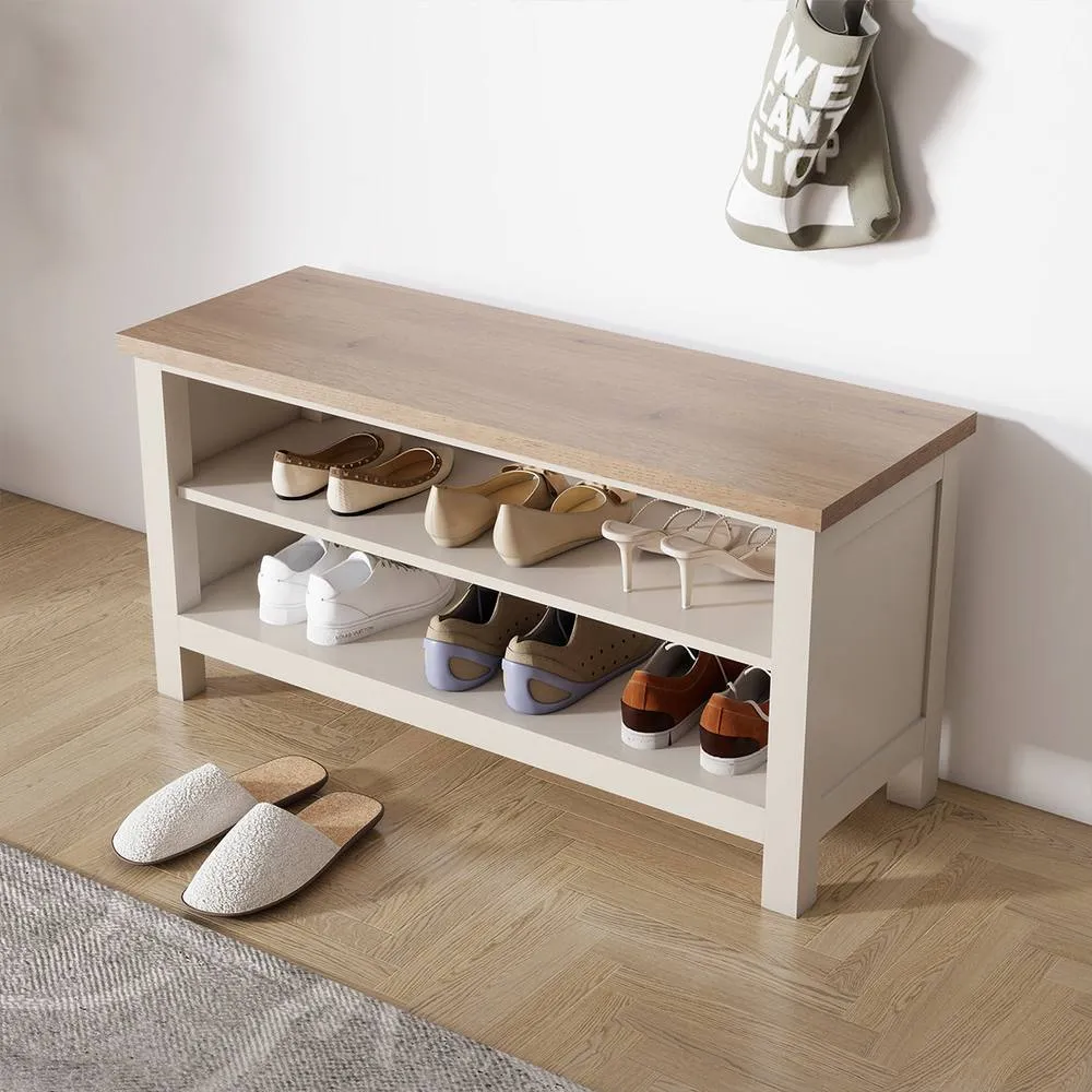 Melody Maison Large Cream & Wooden Shoe Rack / Hallway Bench - 100cm in Beige 4