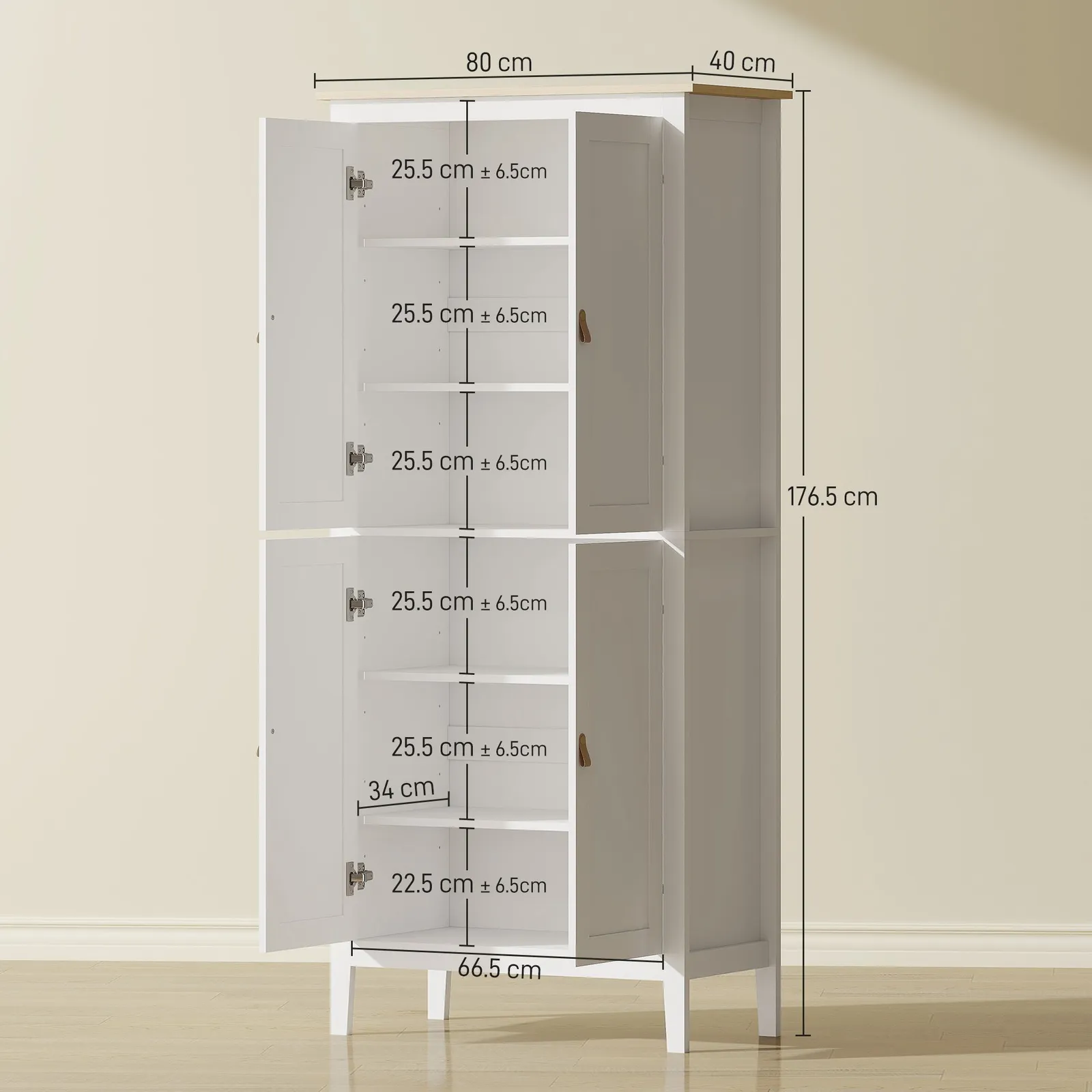 HOMCOM 176.5 cm Tall Freestanding Pantry Storage Cabinet with 4 Doors in White 3