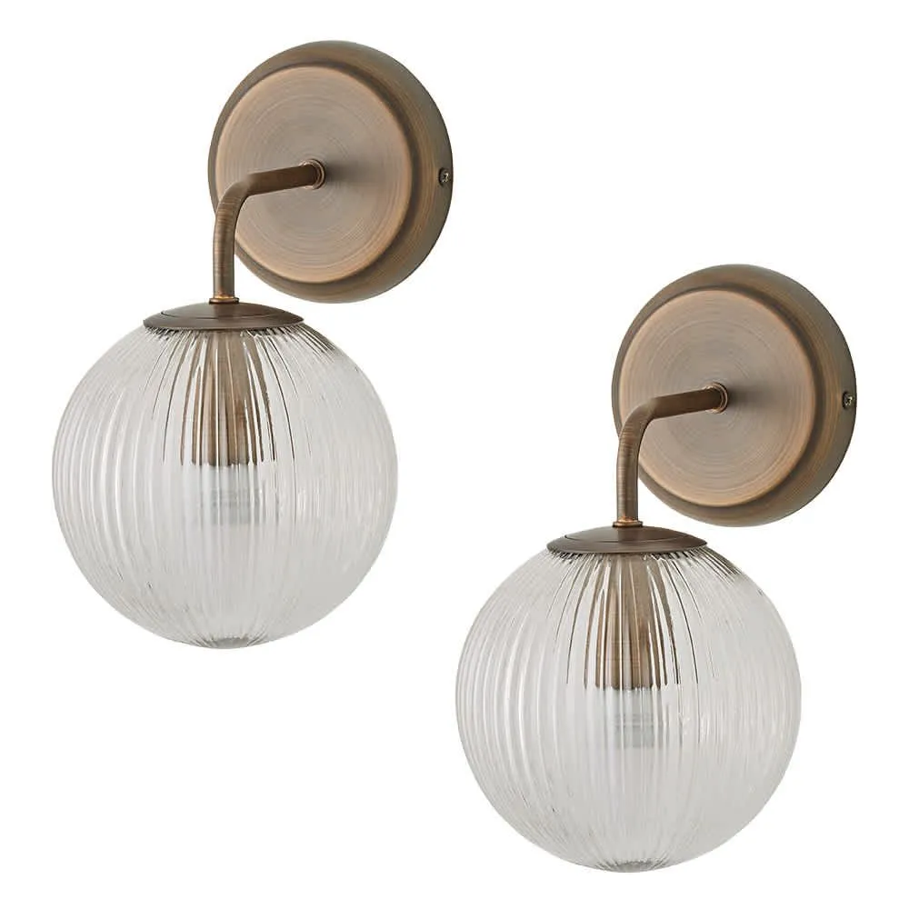 ValueLights Kempton Pair of Ribbed Glass Globe Shade Single Arm Wall Lights in Bronze 1