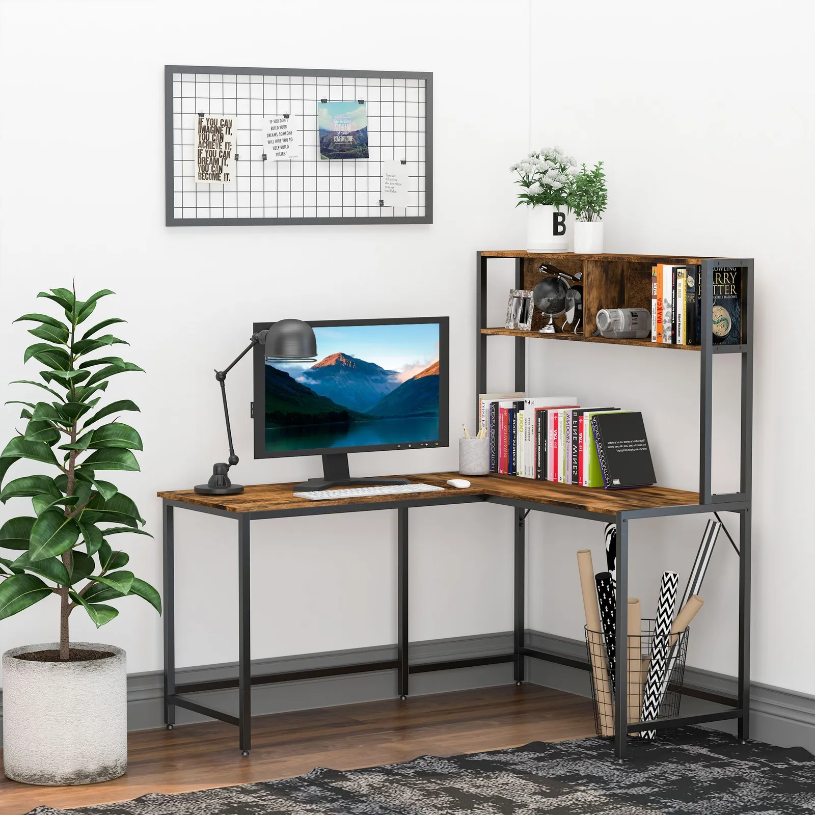 HOMCOM Industrial L-Shaped Work Desk & Storage Shelf Steel Frame in Brown